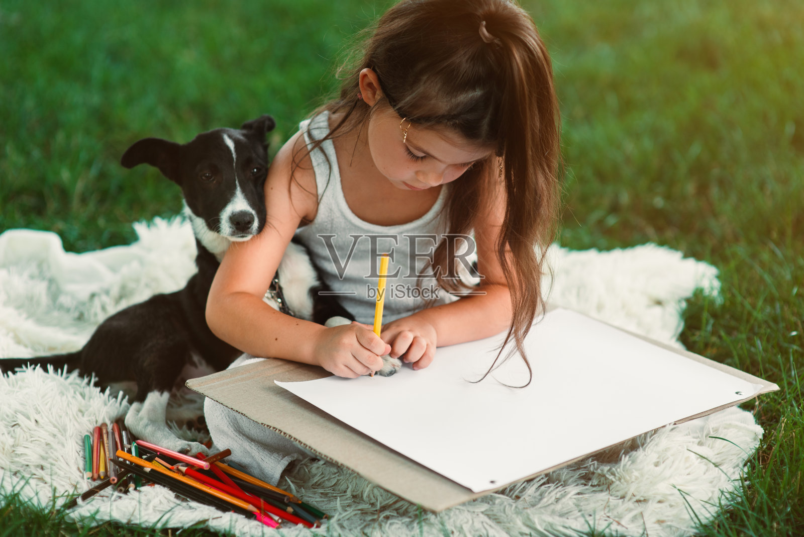 美丽，可爱的小女孩在公园的绿草地上用彩色铅笔圈着狗爪。后视图。快乐的童年照片摄影图片