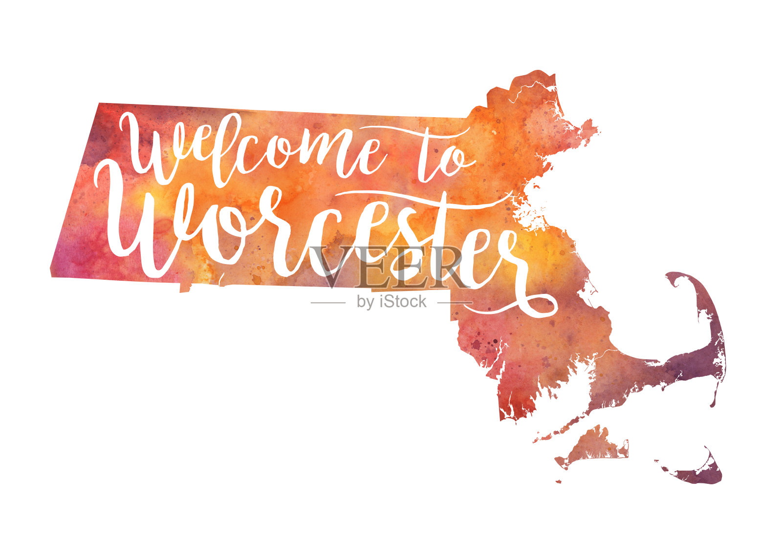 欢迎来到伍斯特，马萨诸塞州栅格水彩地图插图插画图片素材