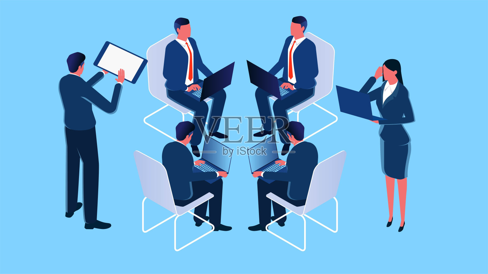 团队合作，团队会议，一起讨论工作，团队沟通，头脑风暴，四人等距坐一起讨论工作插画图片素材