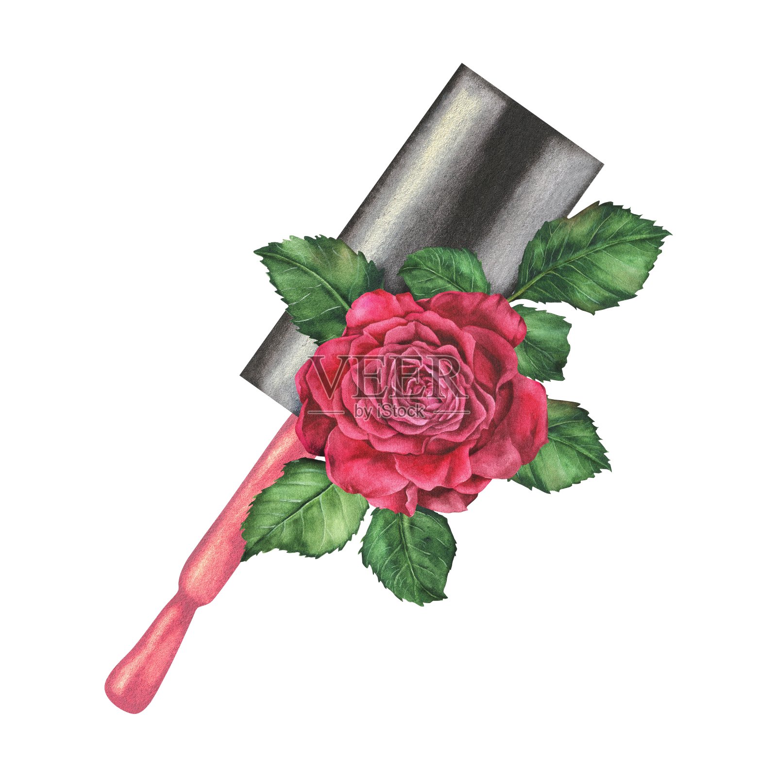 水彩插图。粉红色指甲油刷与玫瑰和树叶的组成。在白色背景上手绘孤立的剪贴画。为美甲、美容院制作贴纸、海报插画图片素材