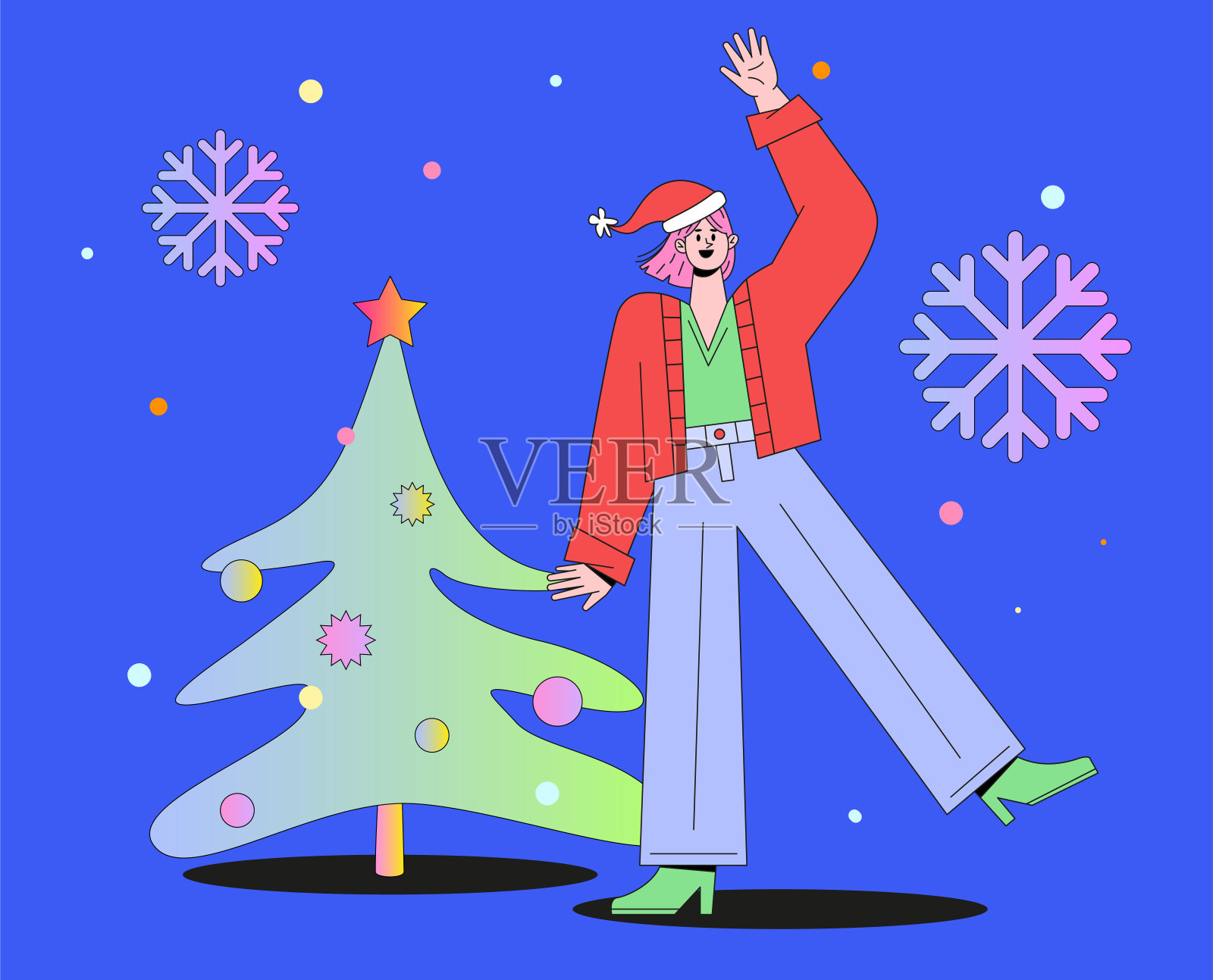 快乐的女人庆祝圣诞节附近的圣诞树矢量插图插画图片素材