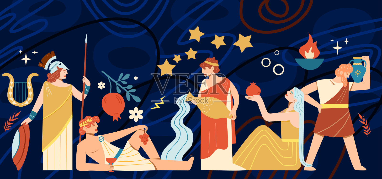 古希腊文化。希腊或罗马的男人和女人。人们穿着长袍摆着不同的姿势。插画图片素材