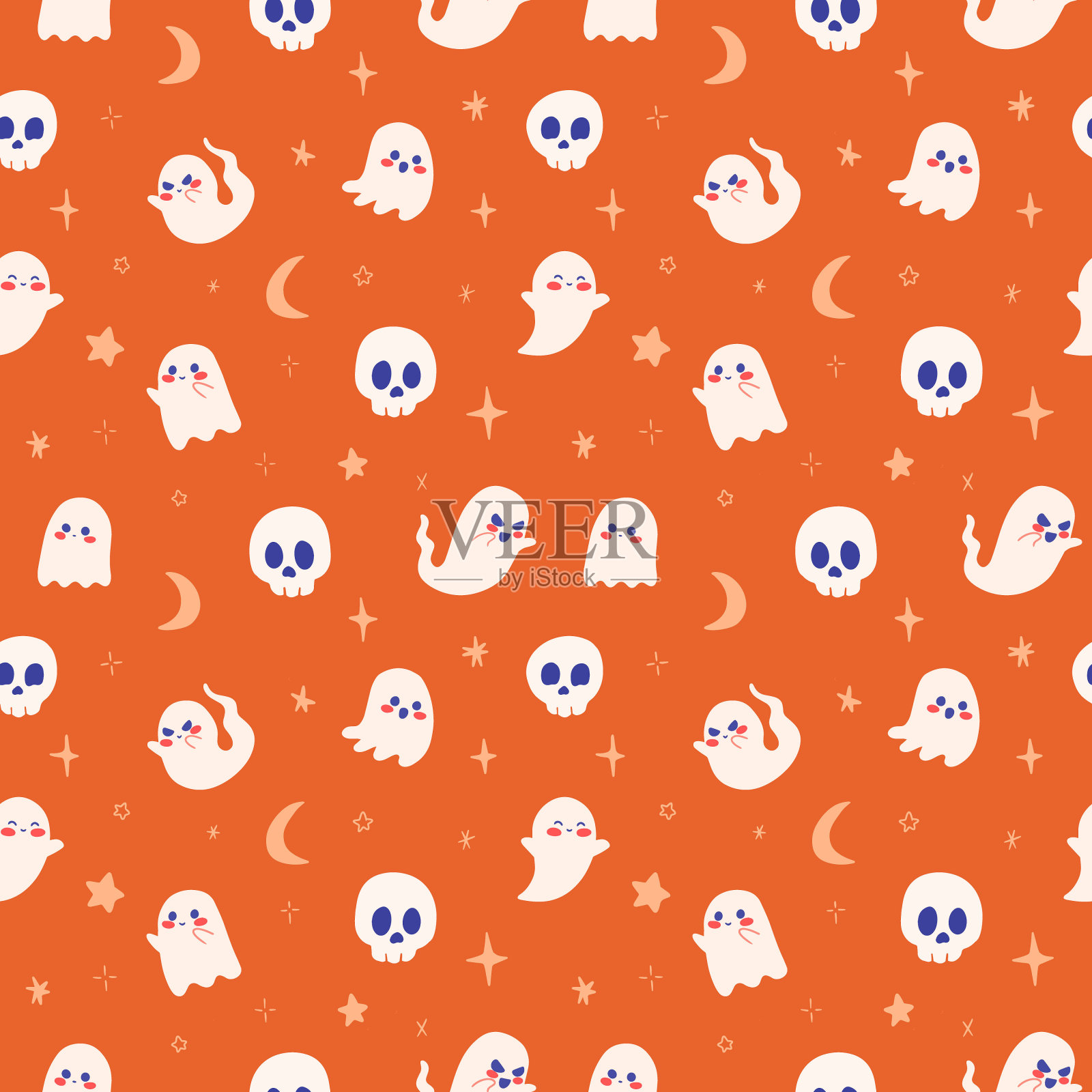 可爱的鬼魂和头骨图案与月亮星星插画图片素材