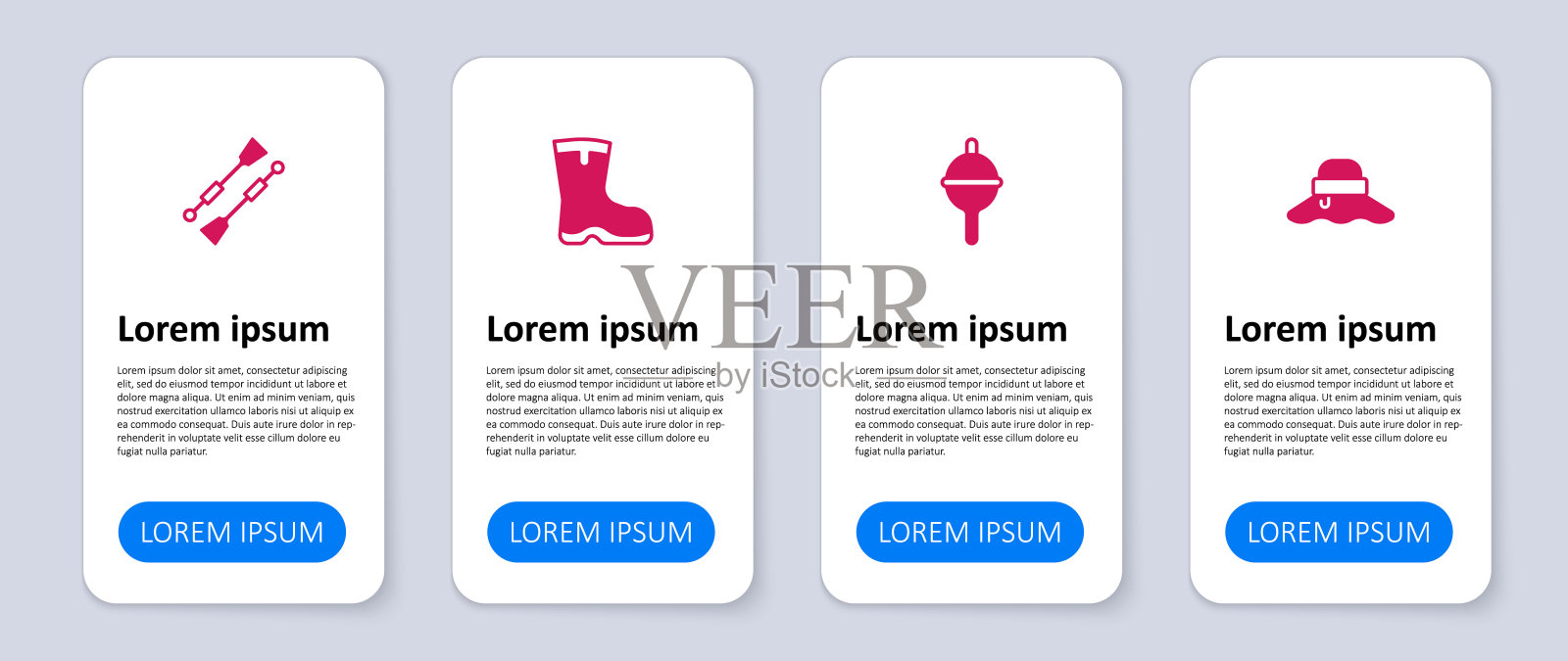 设置渔夫帽，钓鱼浮子，靴子和桨或桨船。业务信息图表模板。向量设计模板素材