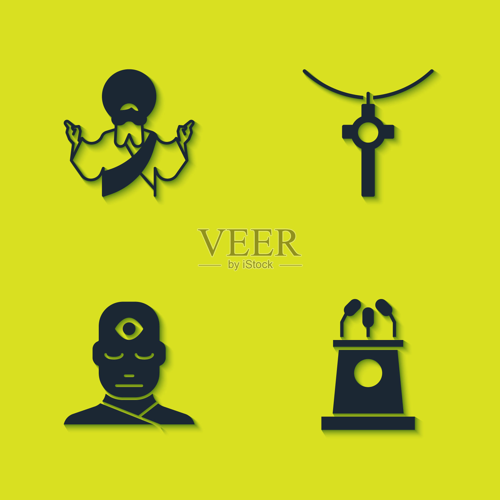 设置耶稣基督，讲台或讲台，第三只眼睛的人和基督教十字架链图标。向量插画图片素材