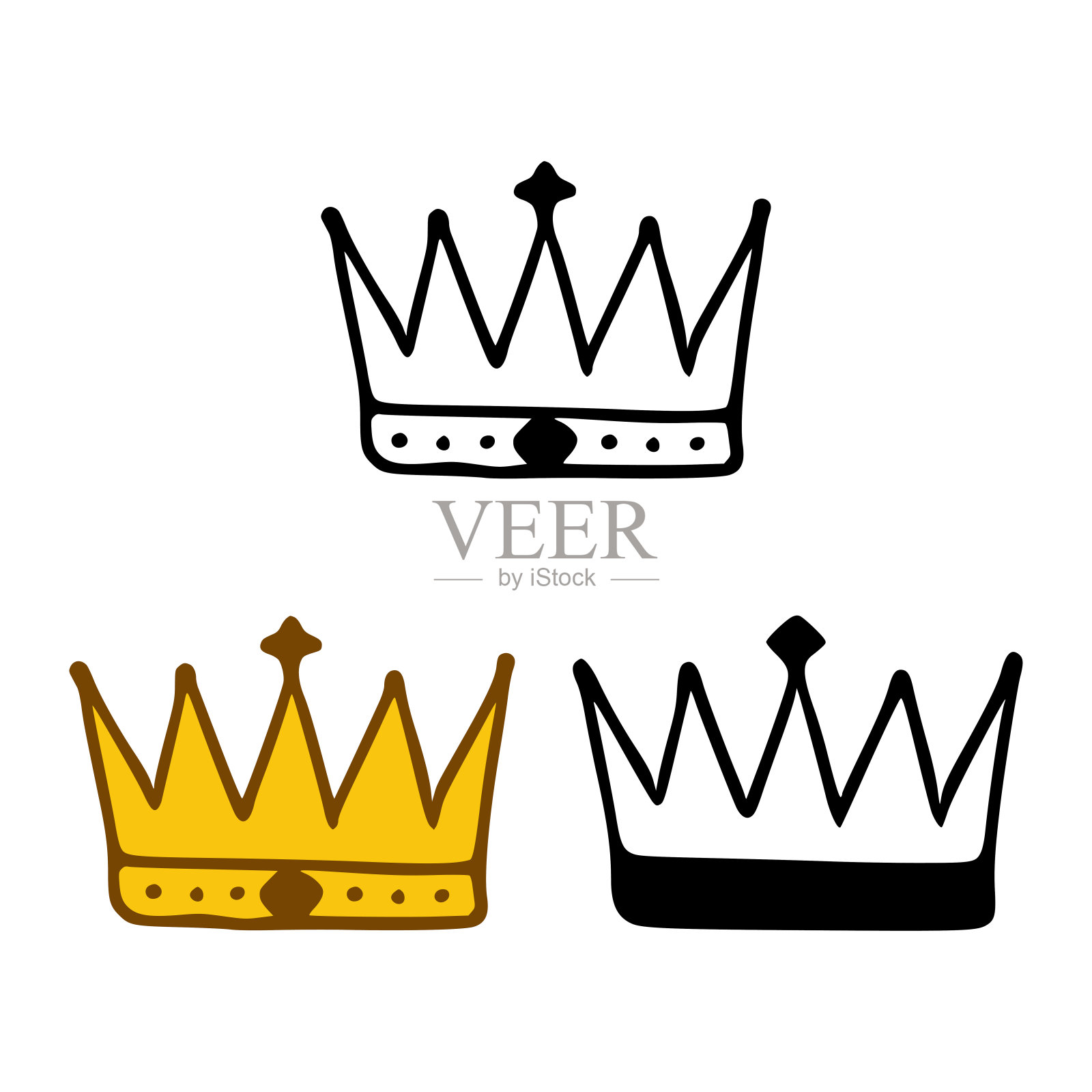 皇冠图标设置在涂鸦风格孤立的白色背景。皇家或女王的标志，权威的象征插画图片素材