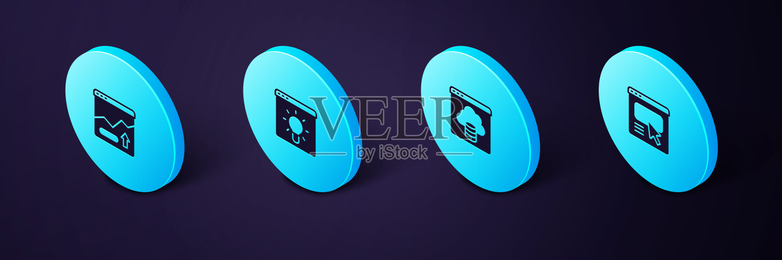 设置等距UI或UX设计，云技术数据传输，浏览器窗口和财务增长增加图标。向量图标素材