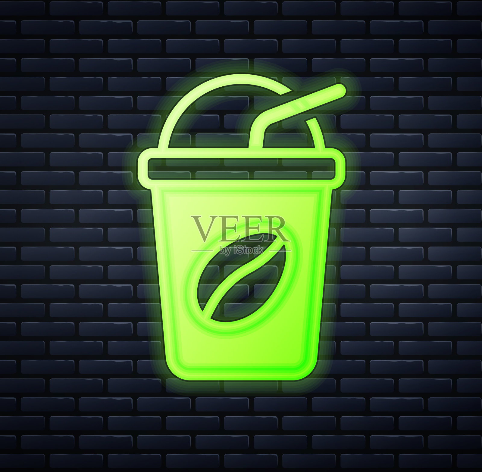 发光的霓虹灯冰咖啡图标孤立在砖插画图片素材