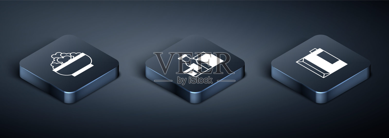 设置等距农舍奶酪，纸包装开菲尔和牛奶产品图标。向量插画图片素材