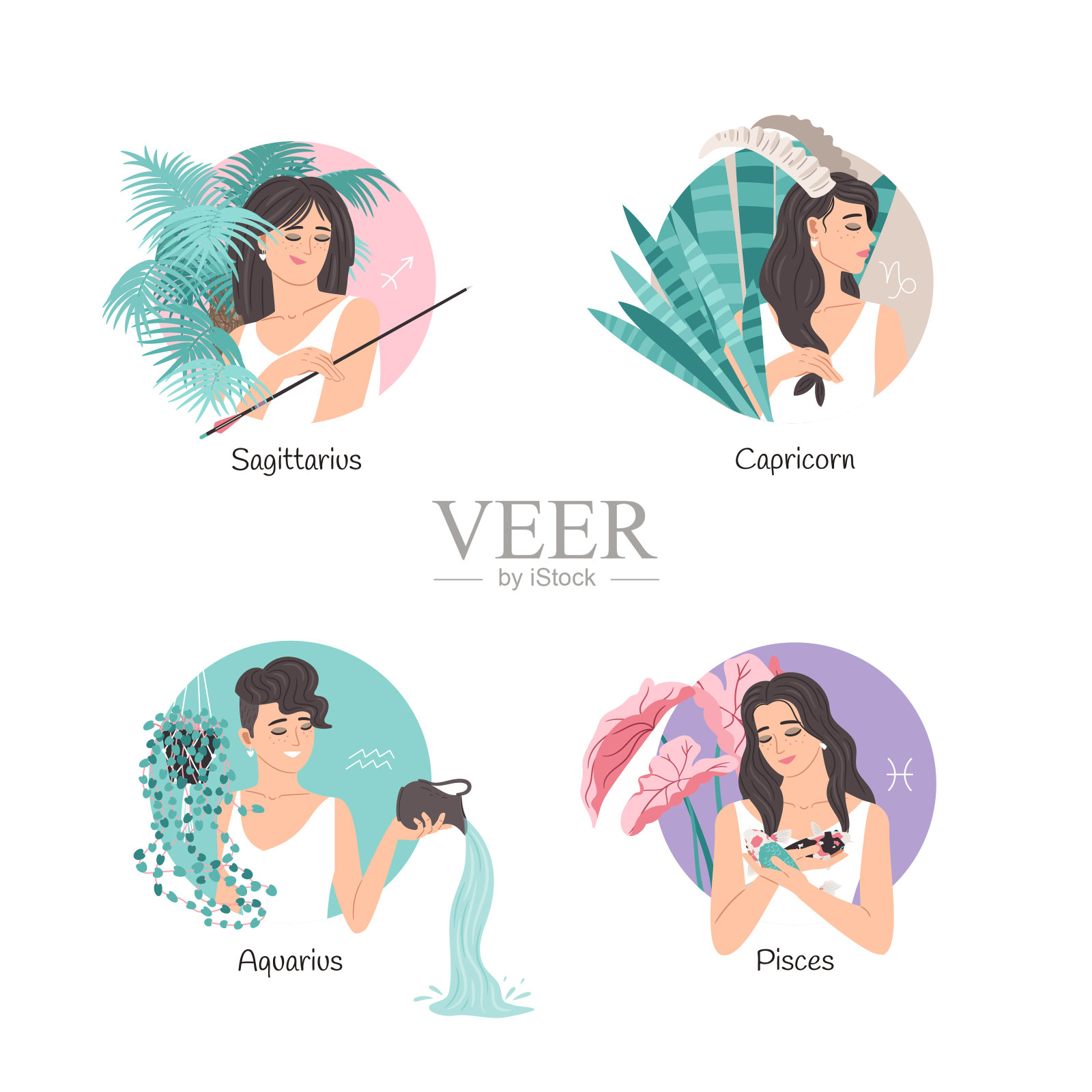 生肖集与美女，射手座，摩羯座，水瓶座，双鱼座，星座占星符号的标志。矢量插图与室内植物插画图片素材