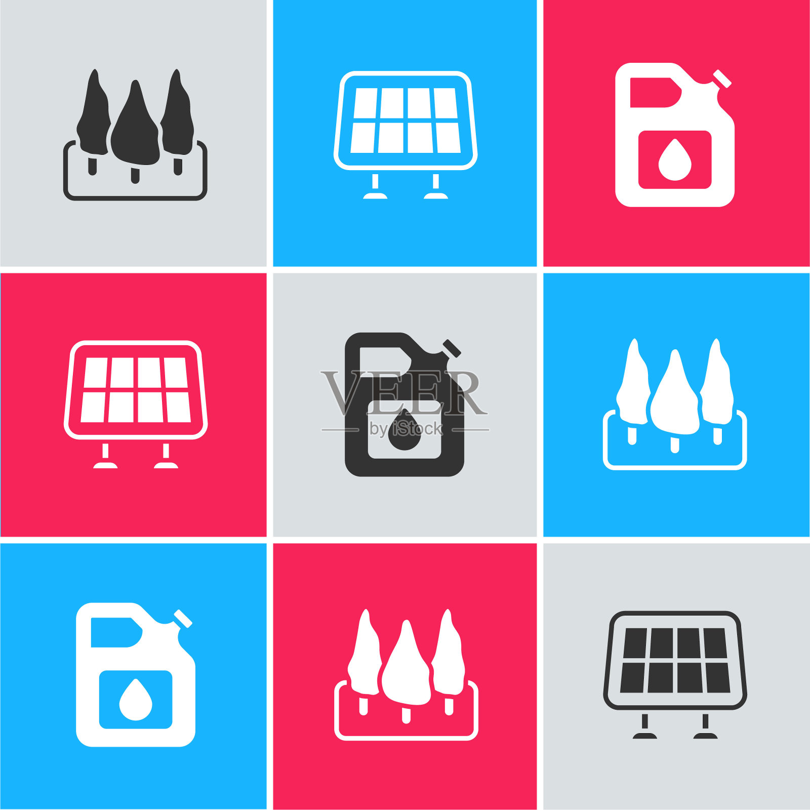 设置森林，太阳能面板和汽油图标罐。向量图标素材