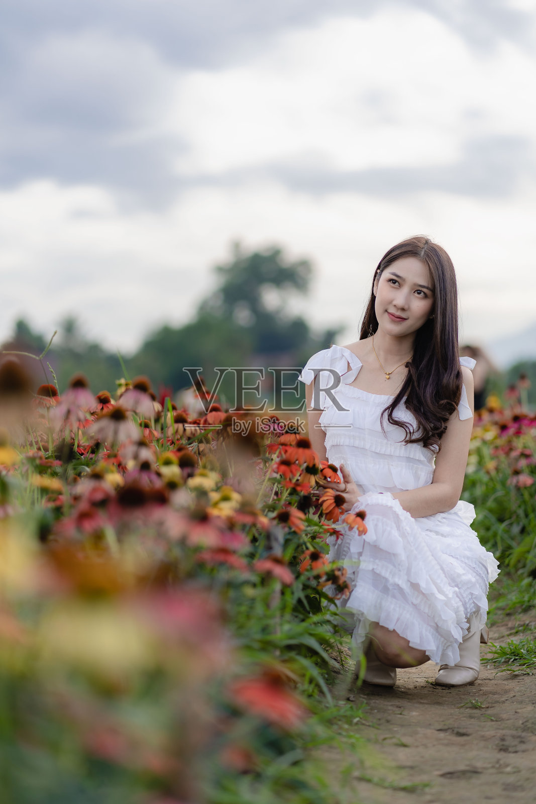 年轻的亚洲女子在泰国清迈五彩缤纷的花园中旅行。照片摄影图片