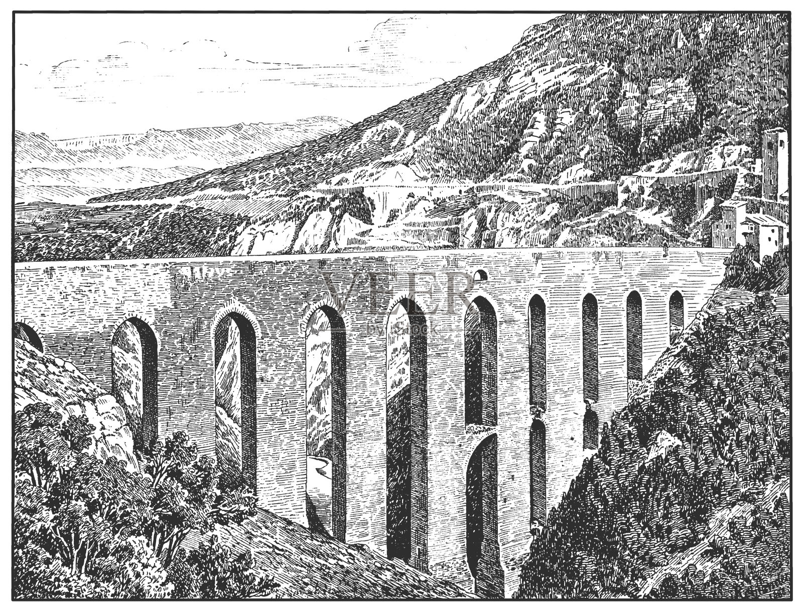 斯波莱托，托里桥，一个引人注目的13世纪的渡槽，是佩鲁贾省(翁布里亚，意大利)历史名城的主要地标之一。插画图片素材