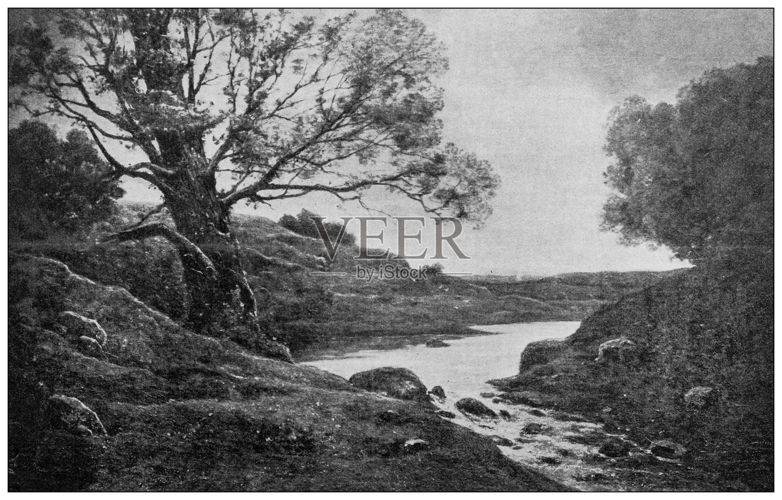 古画:Harpignies的《罗纳河岸》插画图片素材