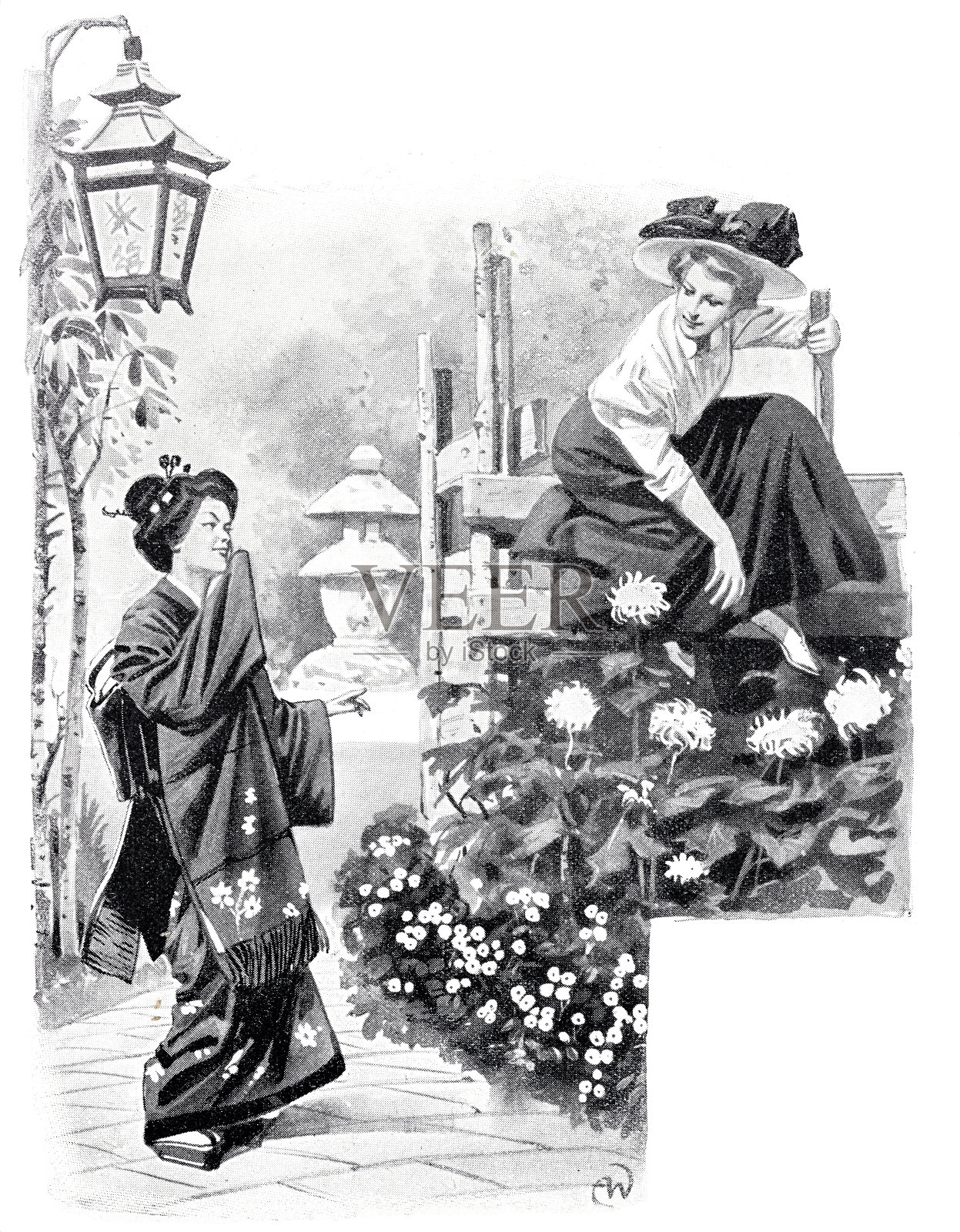 两个日本妇女在户外交谈插画图片素材