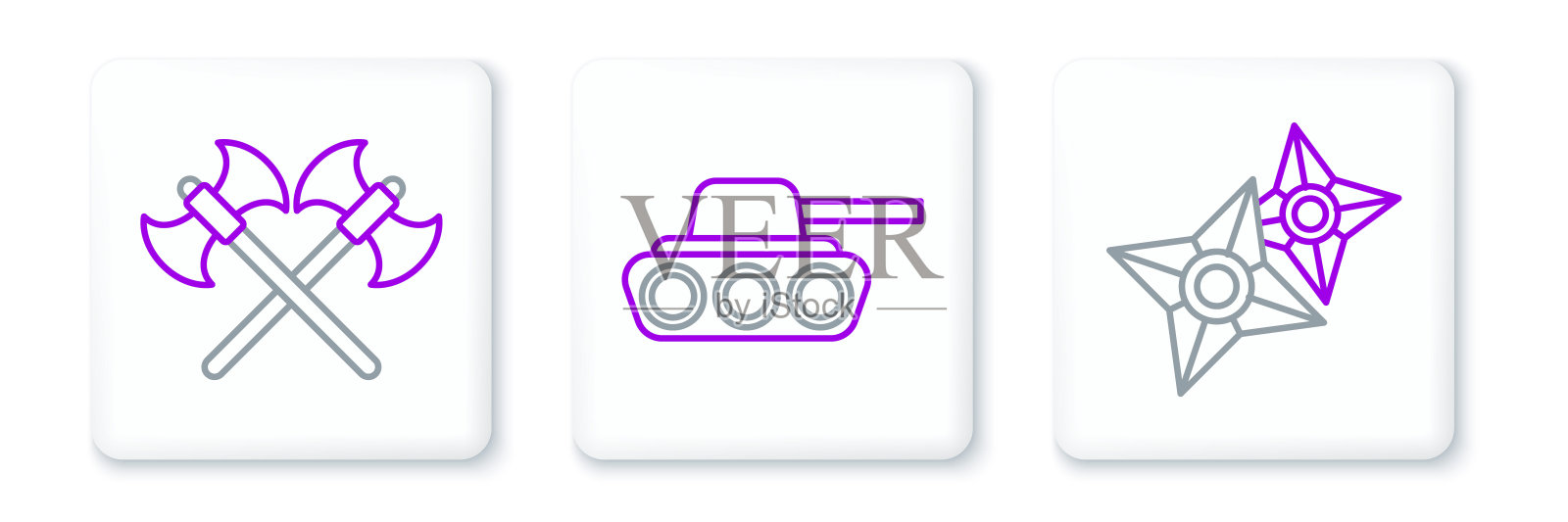 设定线日本忍者神剑，交叉中世纪的轴和军事坦克图标。向量图标素材