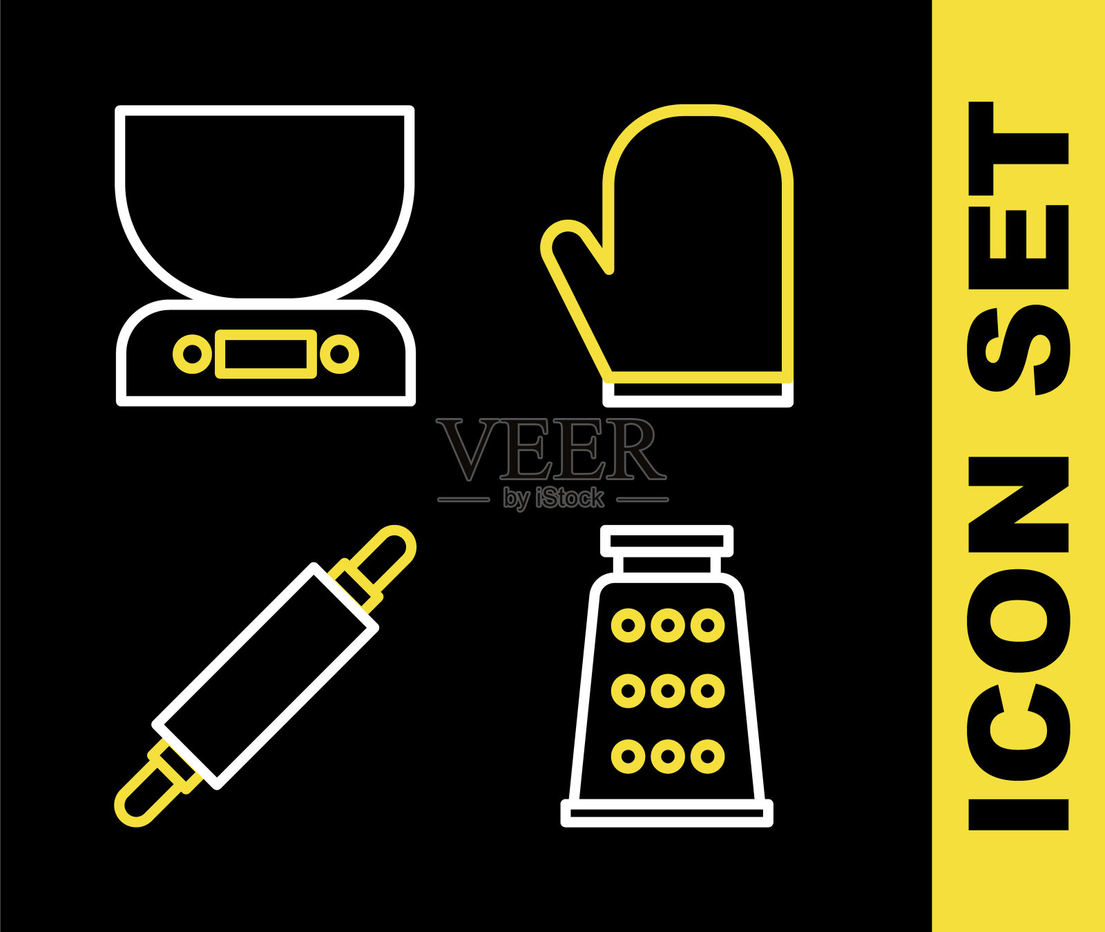 设置线烤箱手套，磨碎器，擀面杖和电子秤图标。向量图标素材