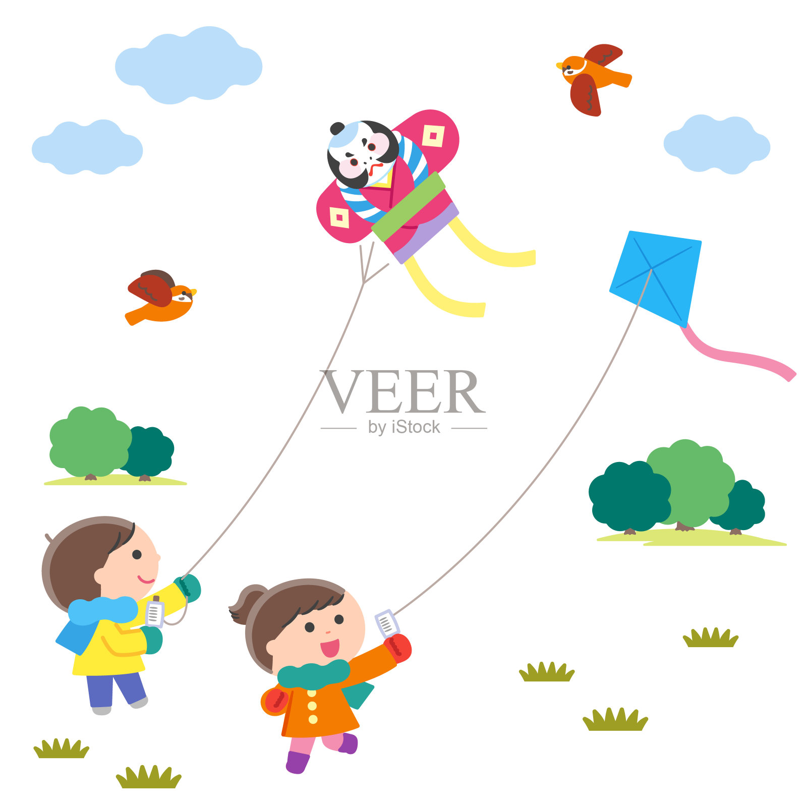 儿童和风景与风筝/没有轮廓插画图片素材