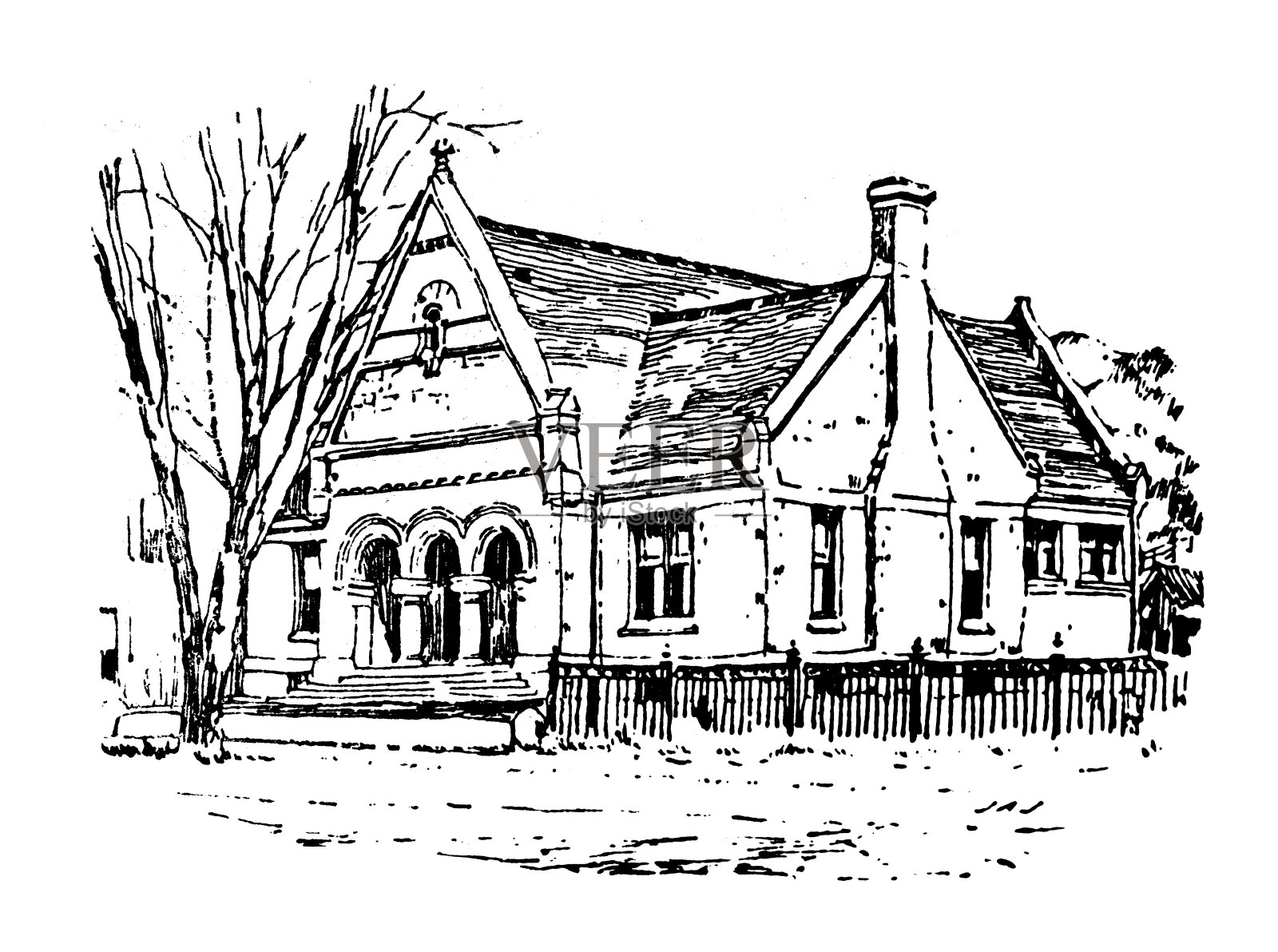 美国古董插图，佛蒙特州地标和公司:伍德斯托克，诺曼威廉姆斯图书馆插画图片素材