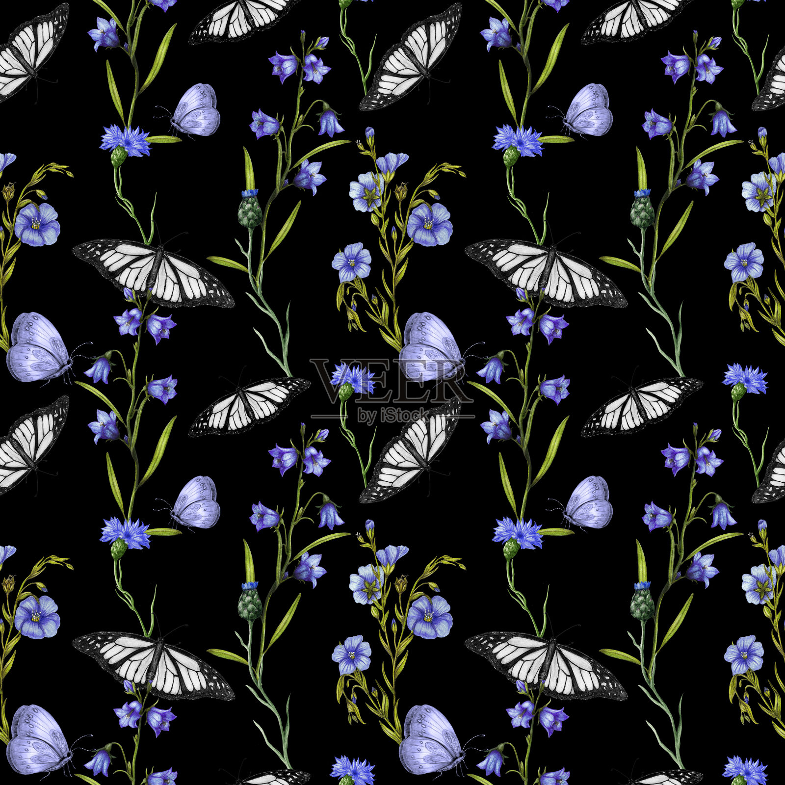 用蝴蝶和野花重复花卉图案插画图片素材