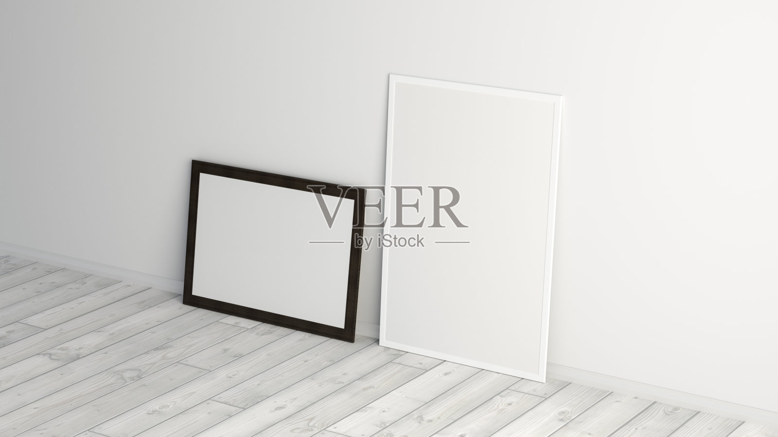 在白色墙壁的地板上模拟水平和垂直的黑白框架。照片摄影图片