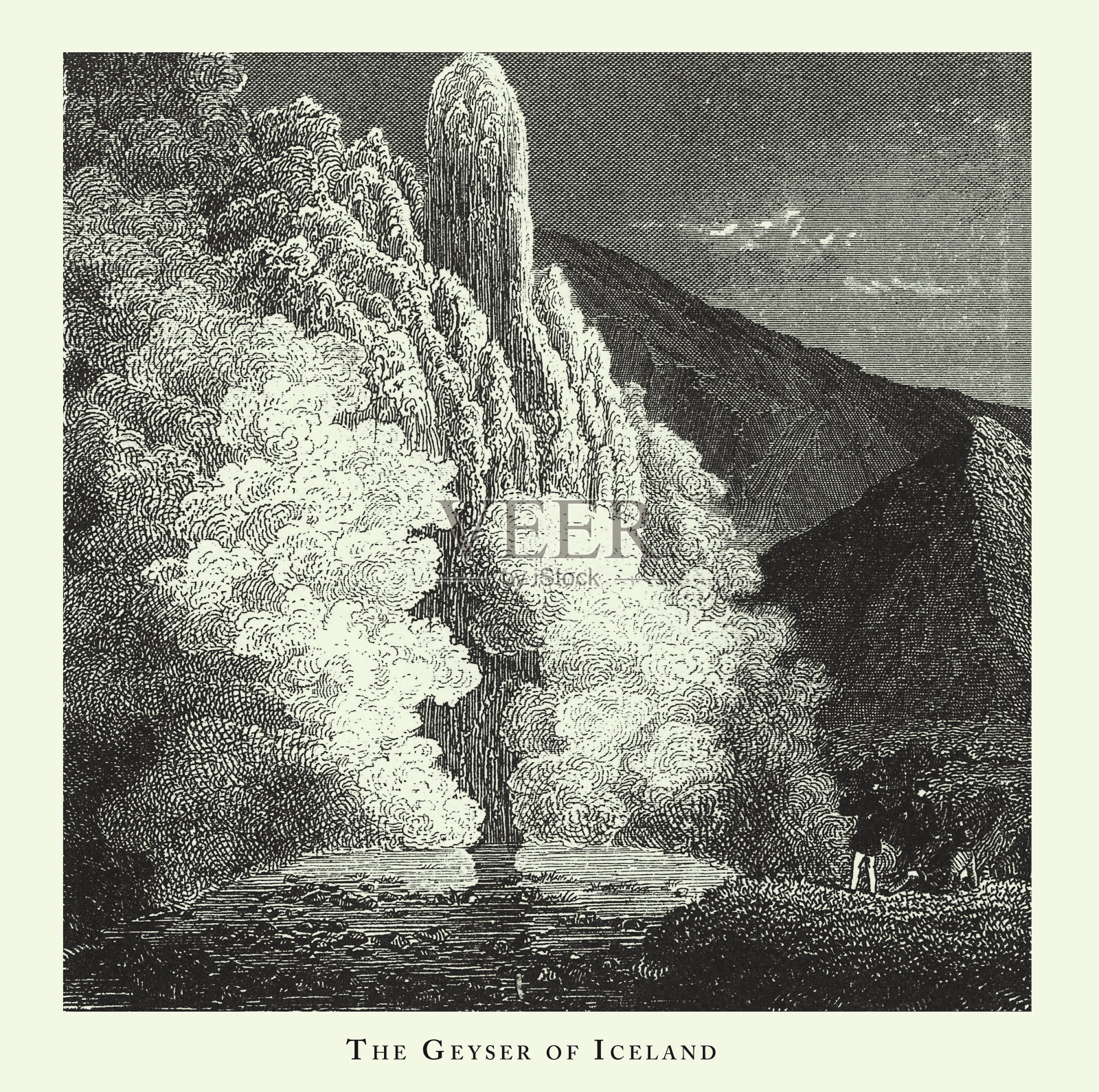 雕刻古董，冰岛间歇泉，火山，间歇泉和瀑布雕刻古董插图，出版1851年插画图片素材