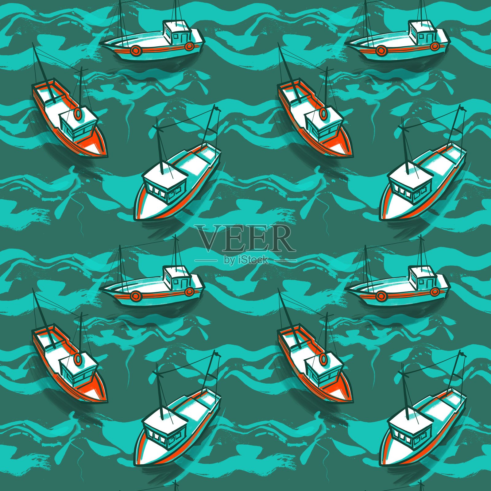 渔船，无缝夏季海图案，背景插图，碧绿背景上的海浪插画图片素材