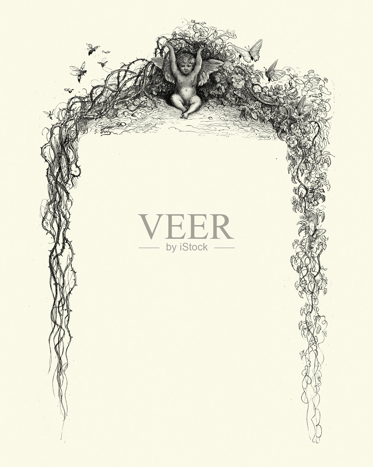 哥特式幻想的边界，蔓生的常春藤，小天使，蝴蝶，黄蜂插画图片素材