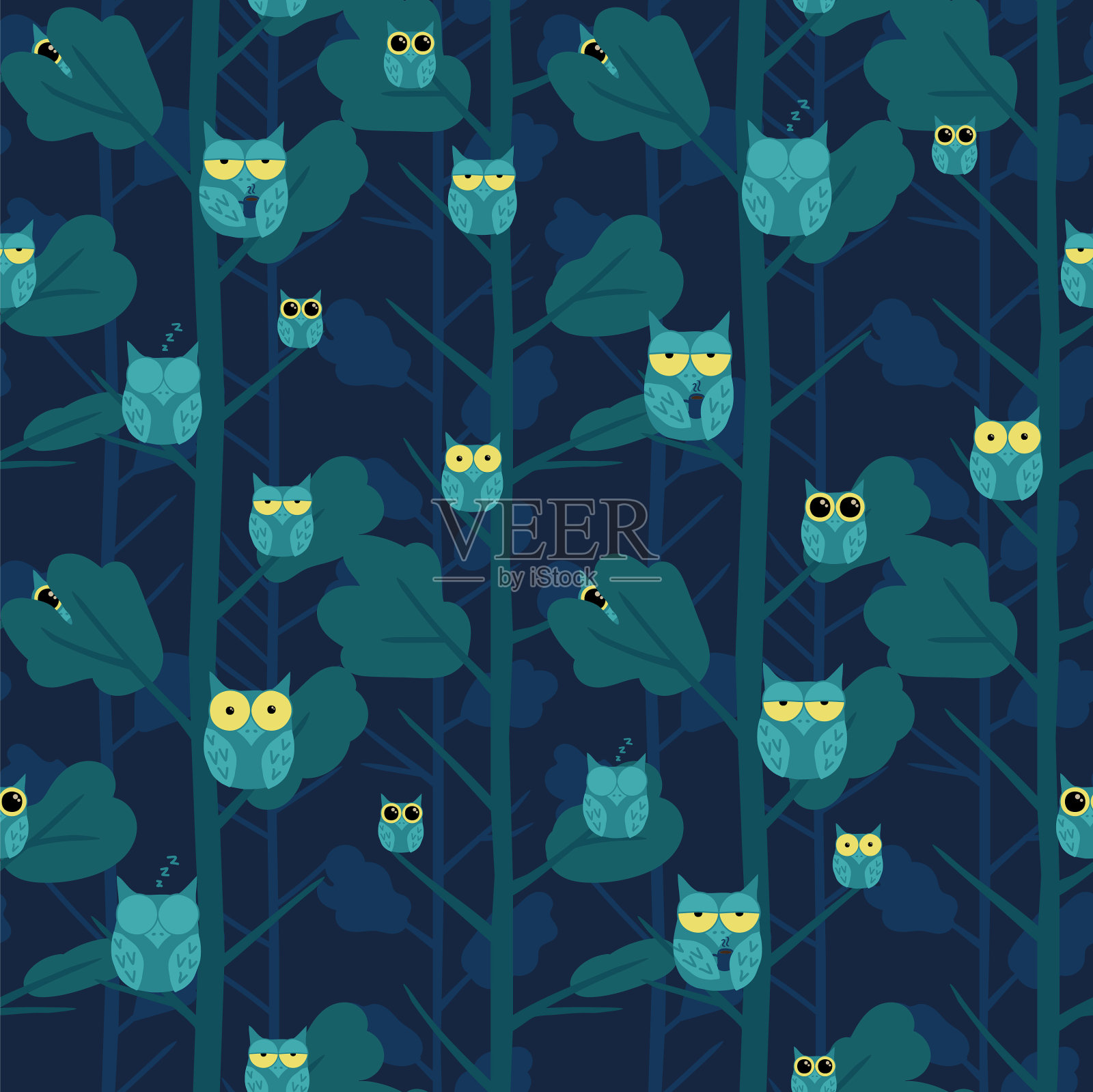 海军蓝瞌睡猫头鹰背景图案印花插画图片素材