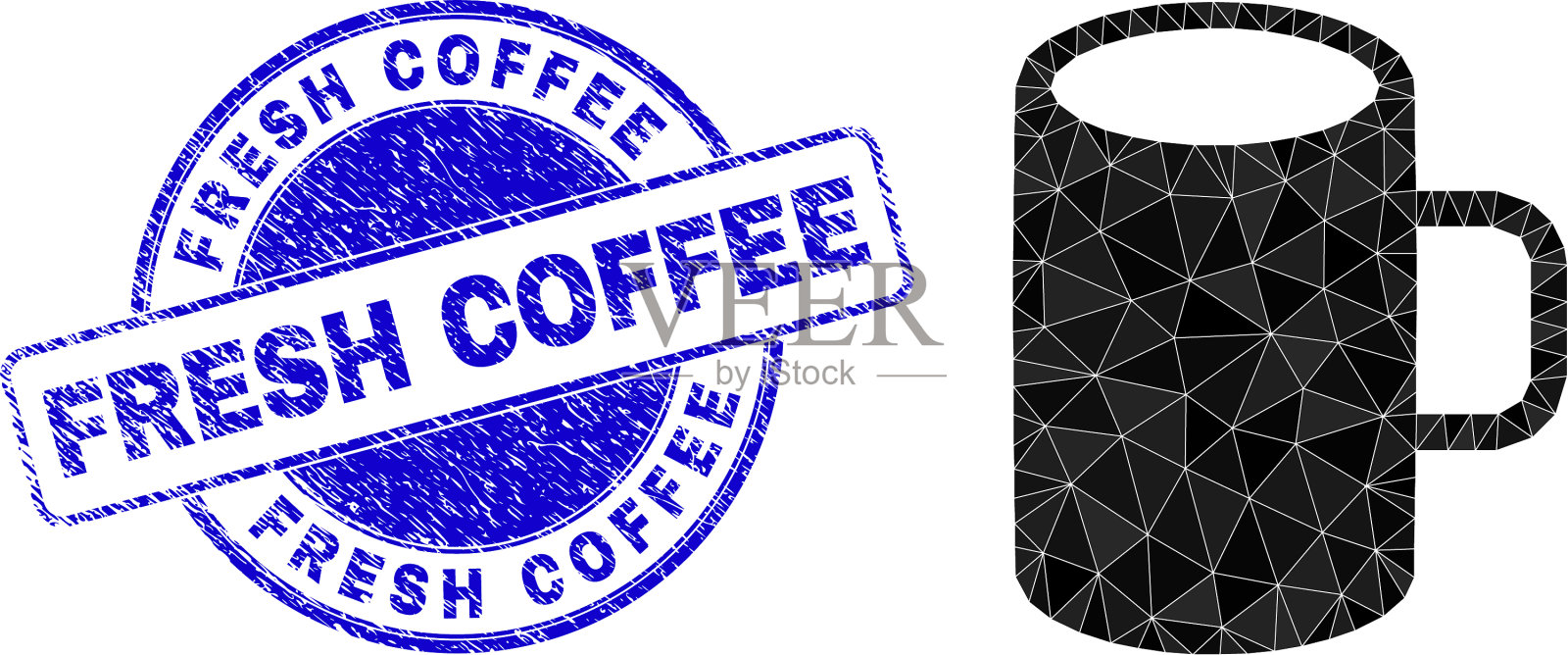 Grunge新鲜咖啡圆形徽章和杯子多边形插画图片素材