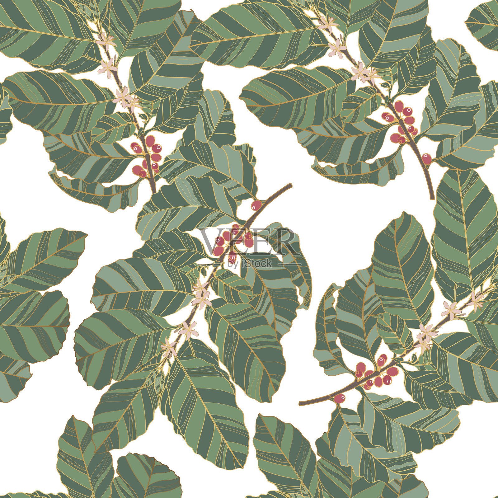 咖啡树金色无缝图案插画图片素材