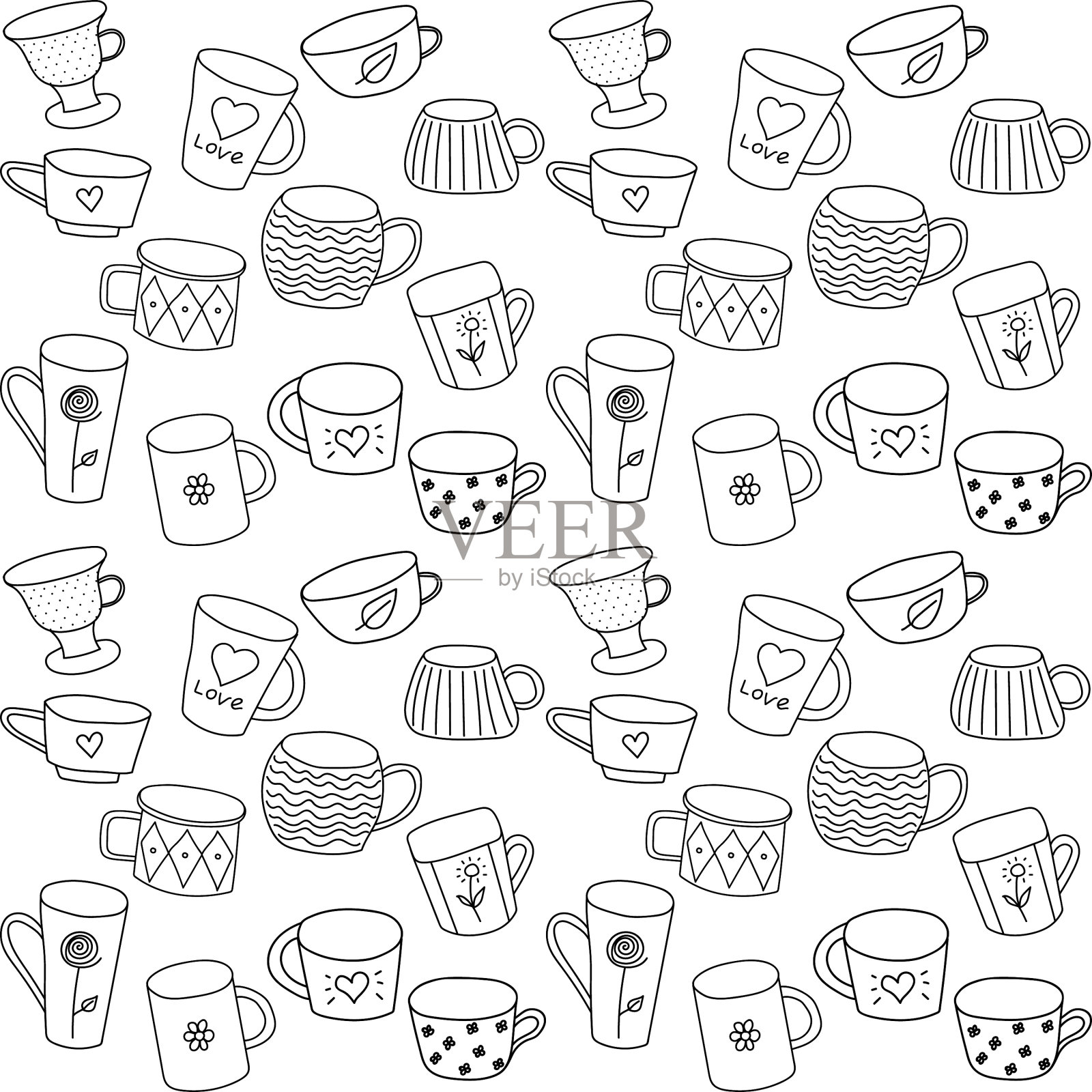 无缝图案的茶杯黑色上白色插画图片素材