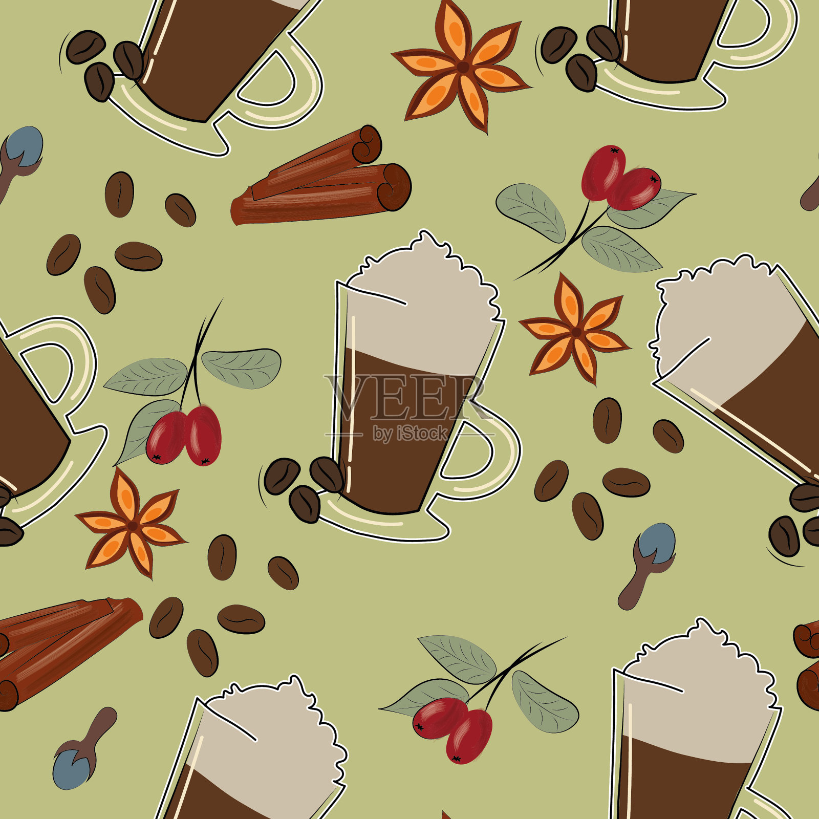 高质量的矢量插图。模式与拿铁咖啡。咖啡，肉桂，八角。插画图片素材