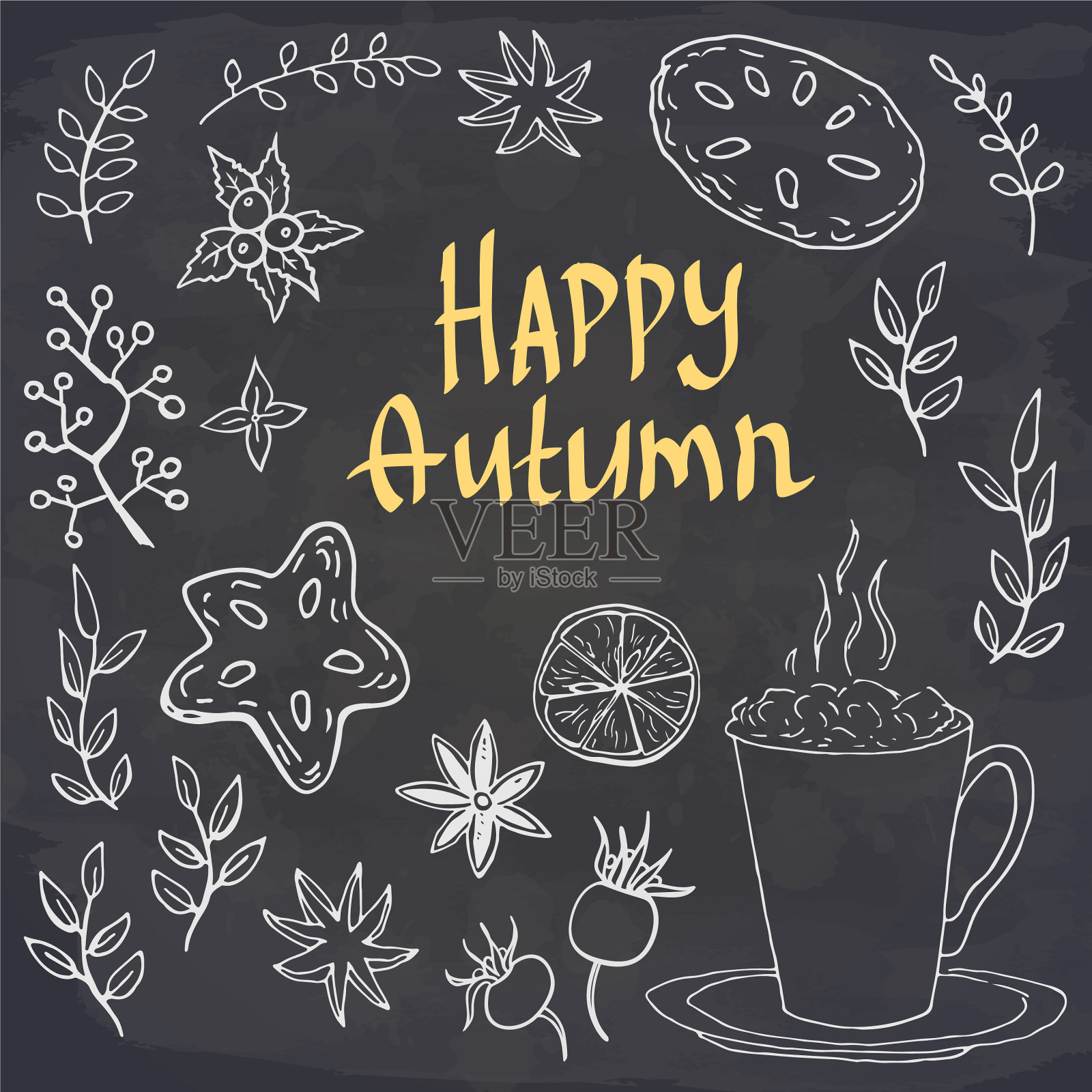 写着快乐的秋天，杯着热饮的叶子插画图片素材