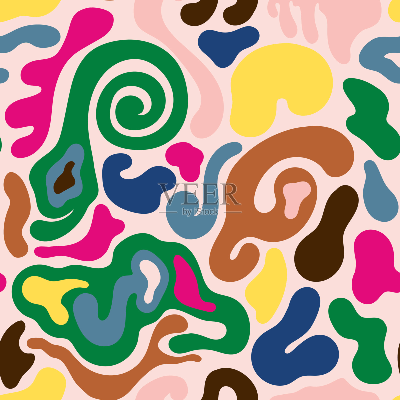 20世纪60年代的嬉皮士漩涡抽象形状无缝图案插画图片素材