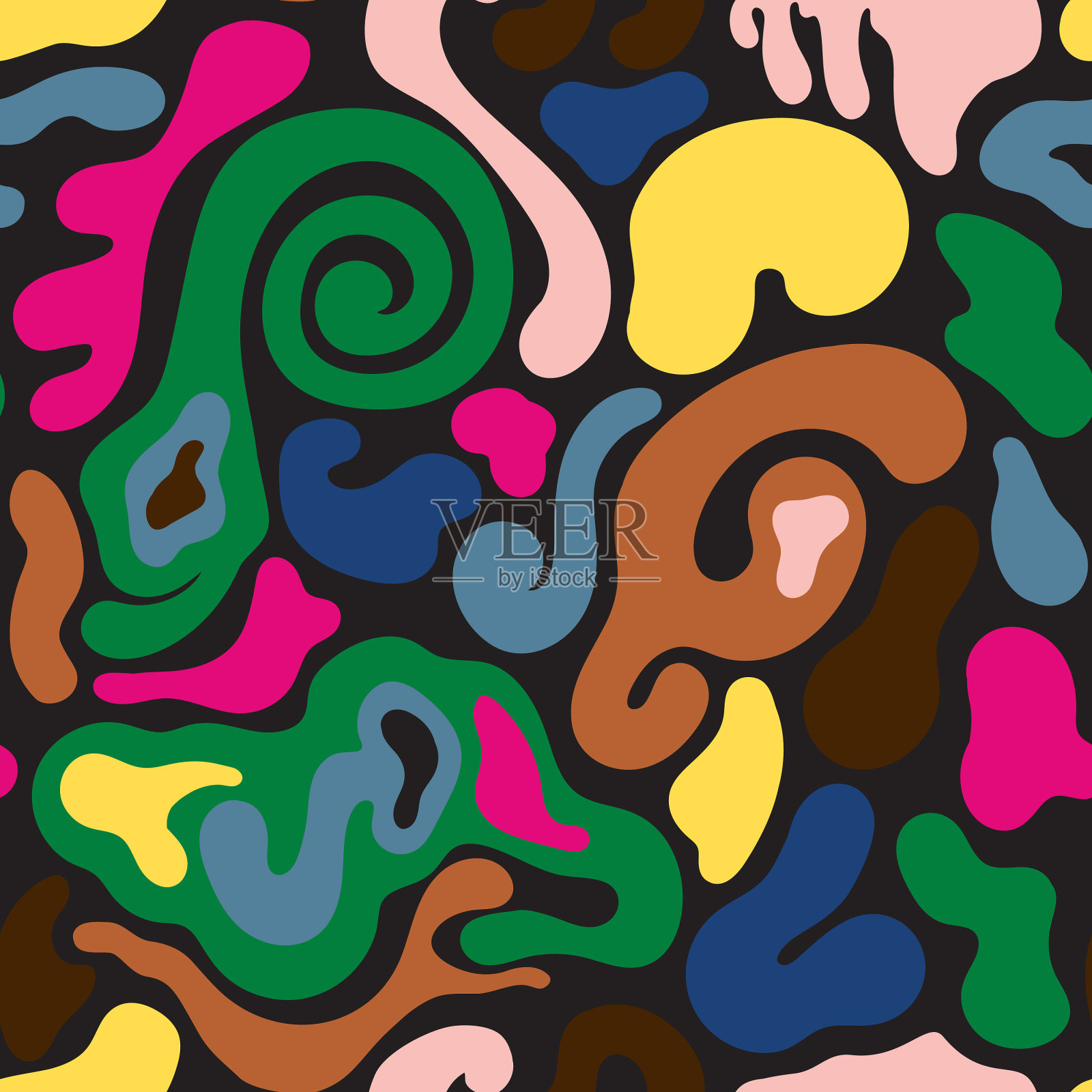 20世纪60年代的嬉皮士漩涡抽象形状无缝图案插画图片素材