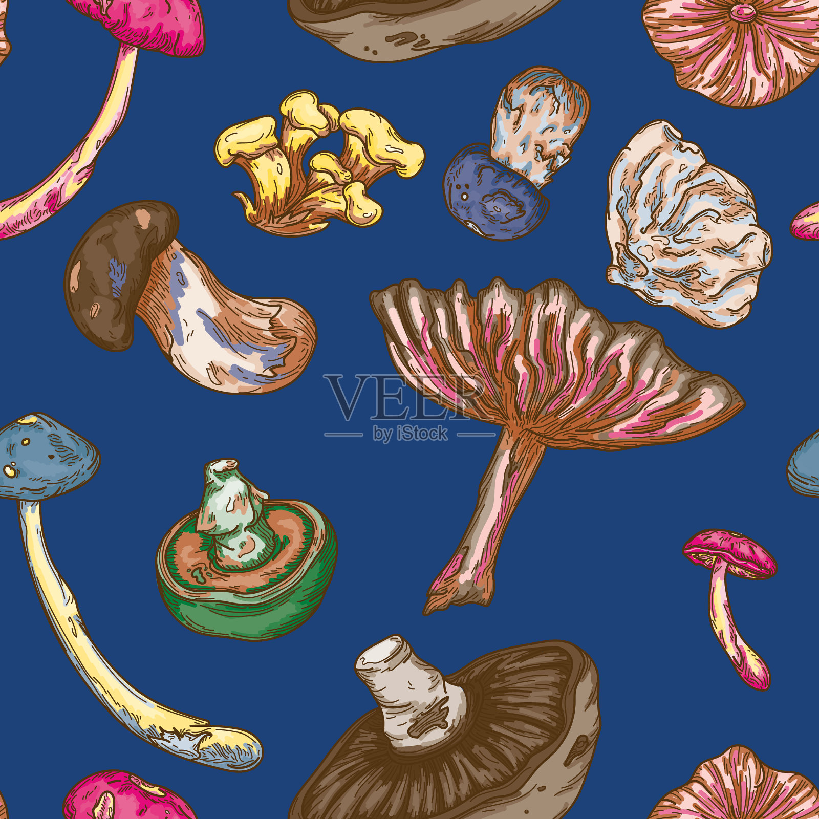 迷幻色彩线艺术森林蘑菇无缝模式插画图片素材