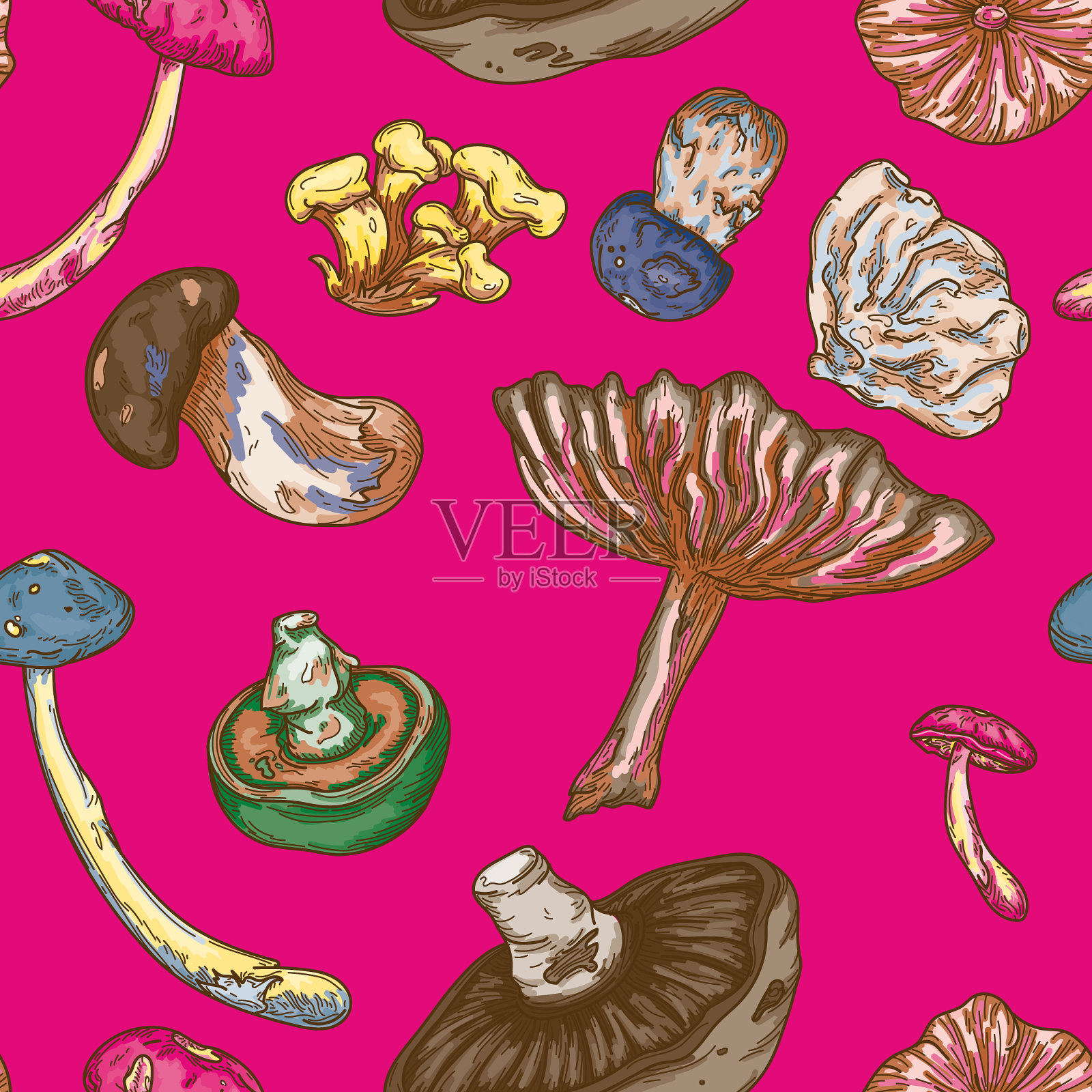 迷幻色彩线艺术森林蘑菇无缝模式插画图片素材