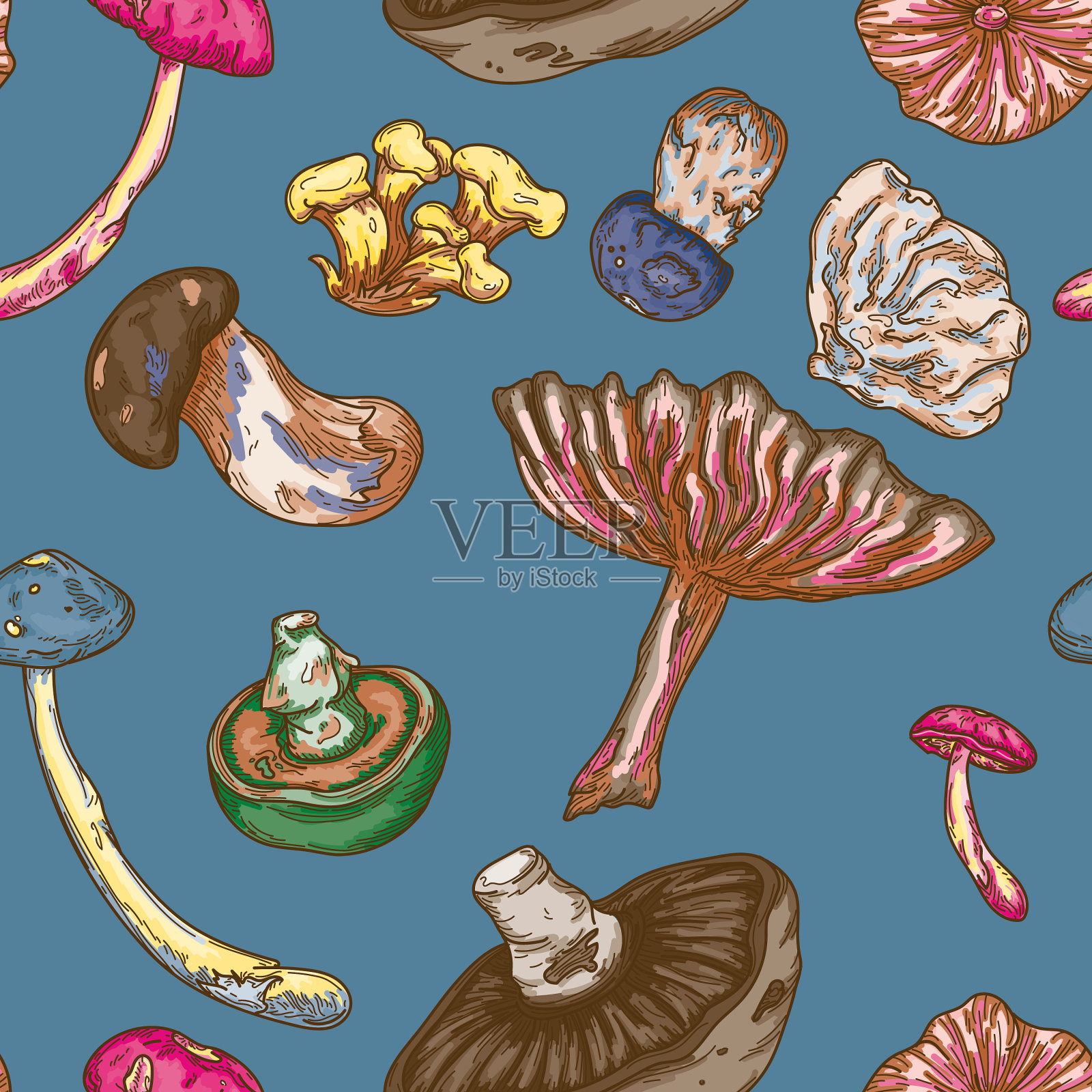 迷幻色彩线艺术森林蘑菇无缝模式插画图片素材