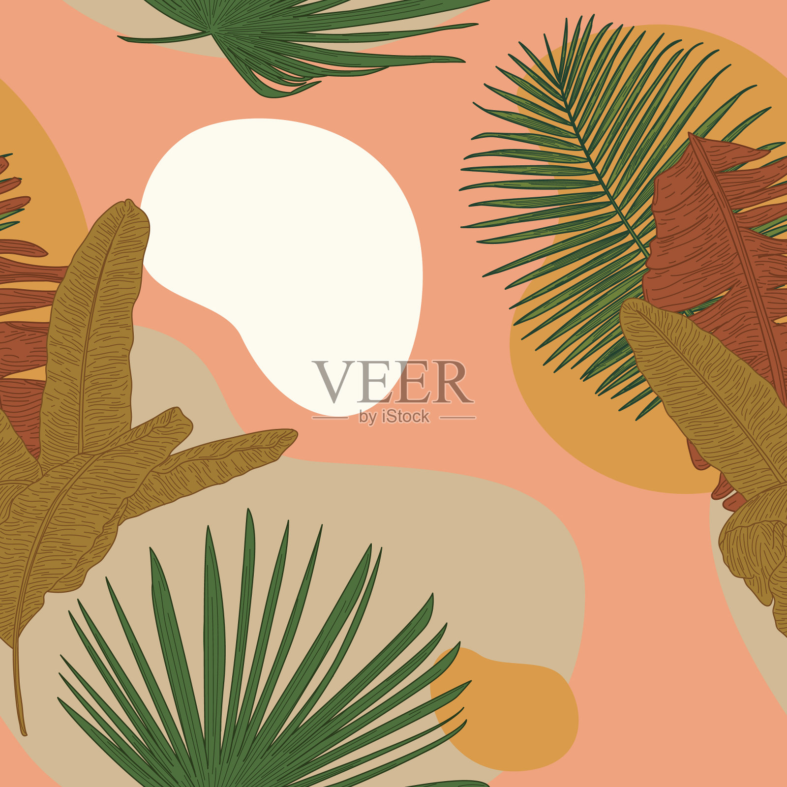 大地日落热带叶无缝模式插画图片素材