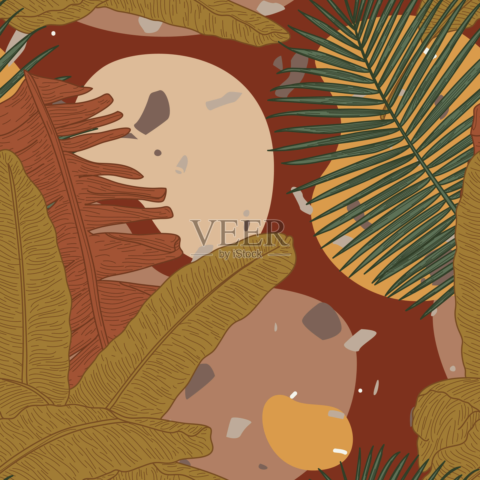 大地日落热带叶无缝模式插画图片素材