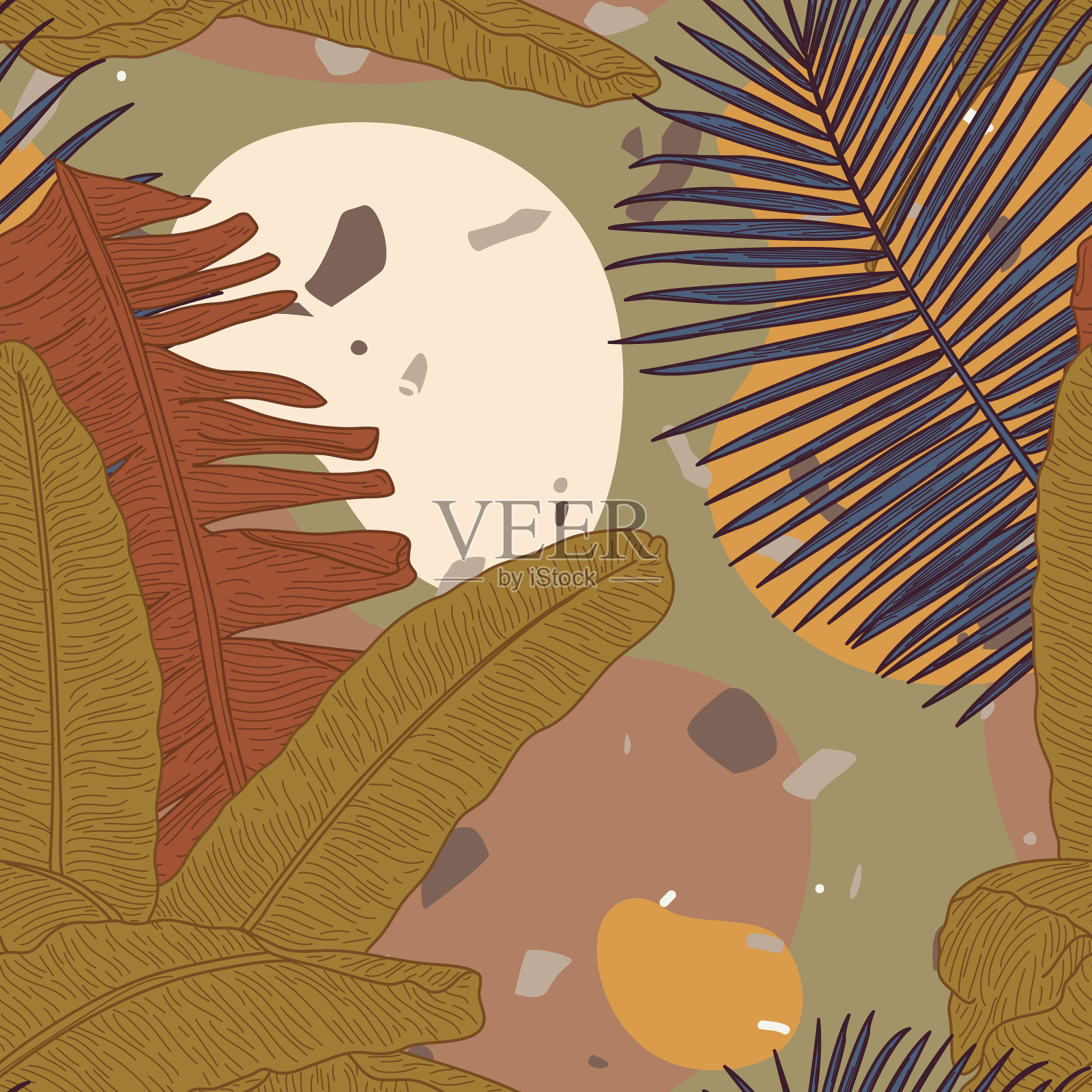 大地日落热带叶无缝模式插画图片素材