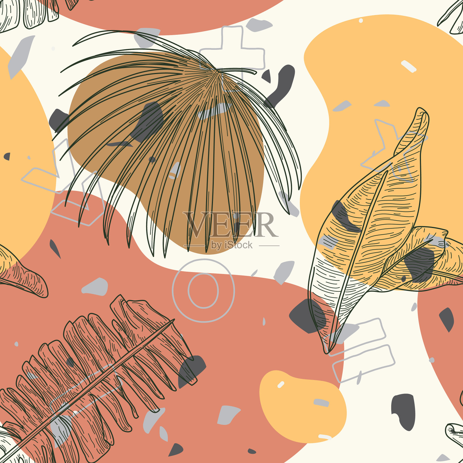 乡土现代无缝背景图案与热带植物插画图片素材