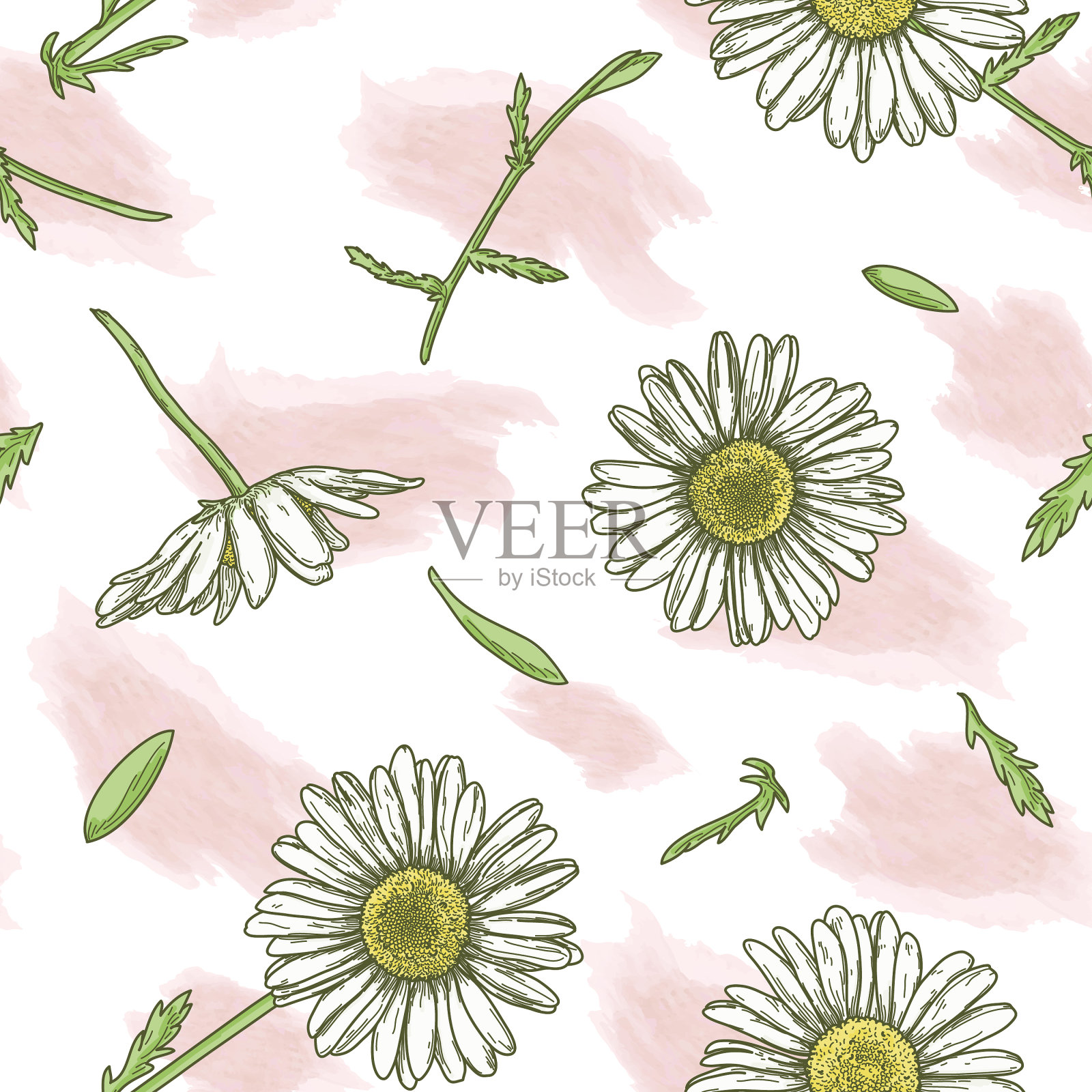 清新可爱的春天雏菊复古无缝图案插画图片素材