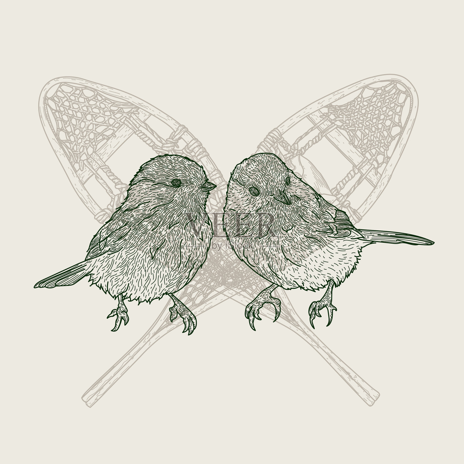 复古线艺术山雀和雪鞋标志插画图片素材