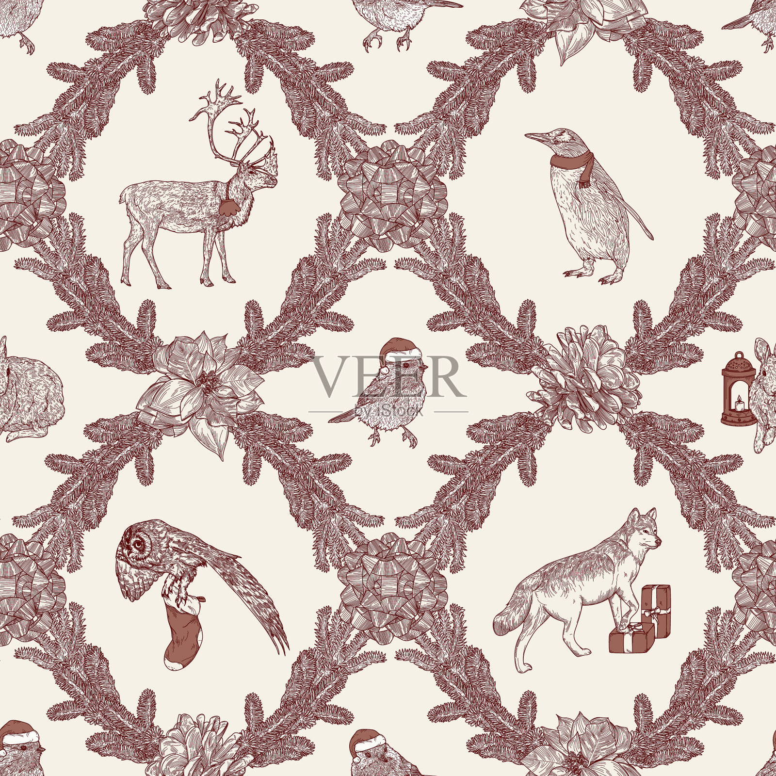 传统圣诞冬季菱形动物无缝图案插画图片素材