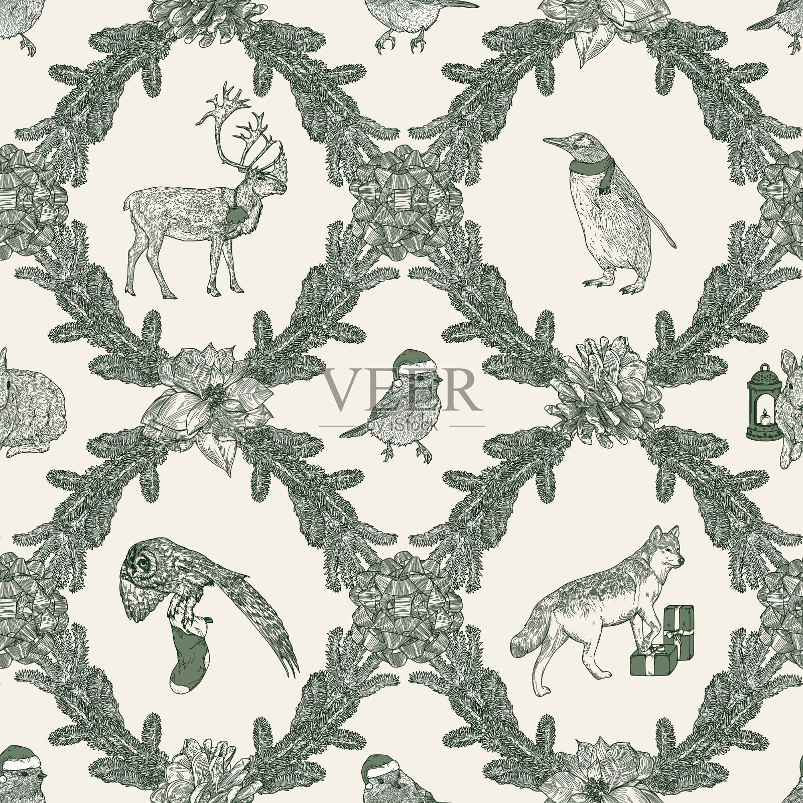 传统圣诞冬季菱形动物无缝图案插画图片素材