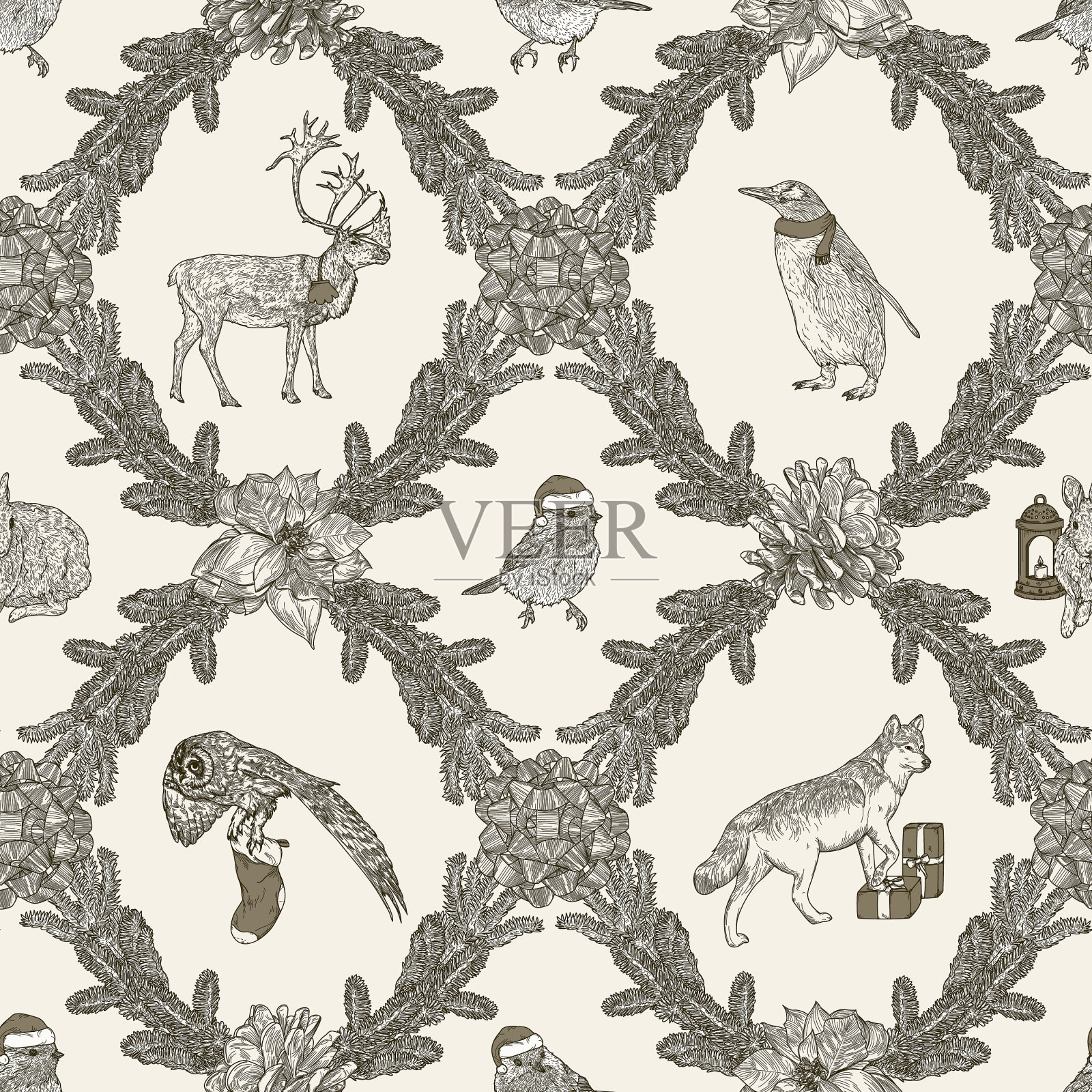 传统圣诞冬季菱形动物无缝图案插画图片素材