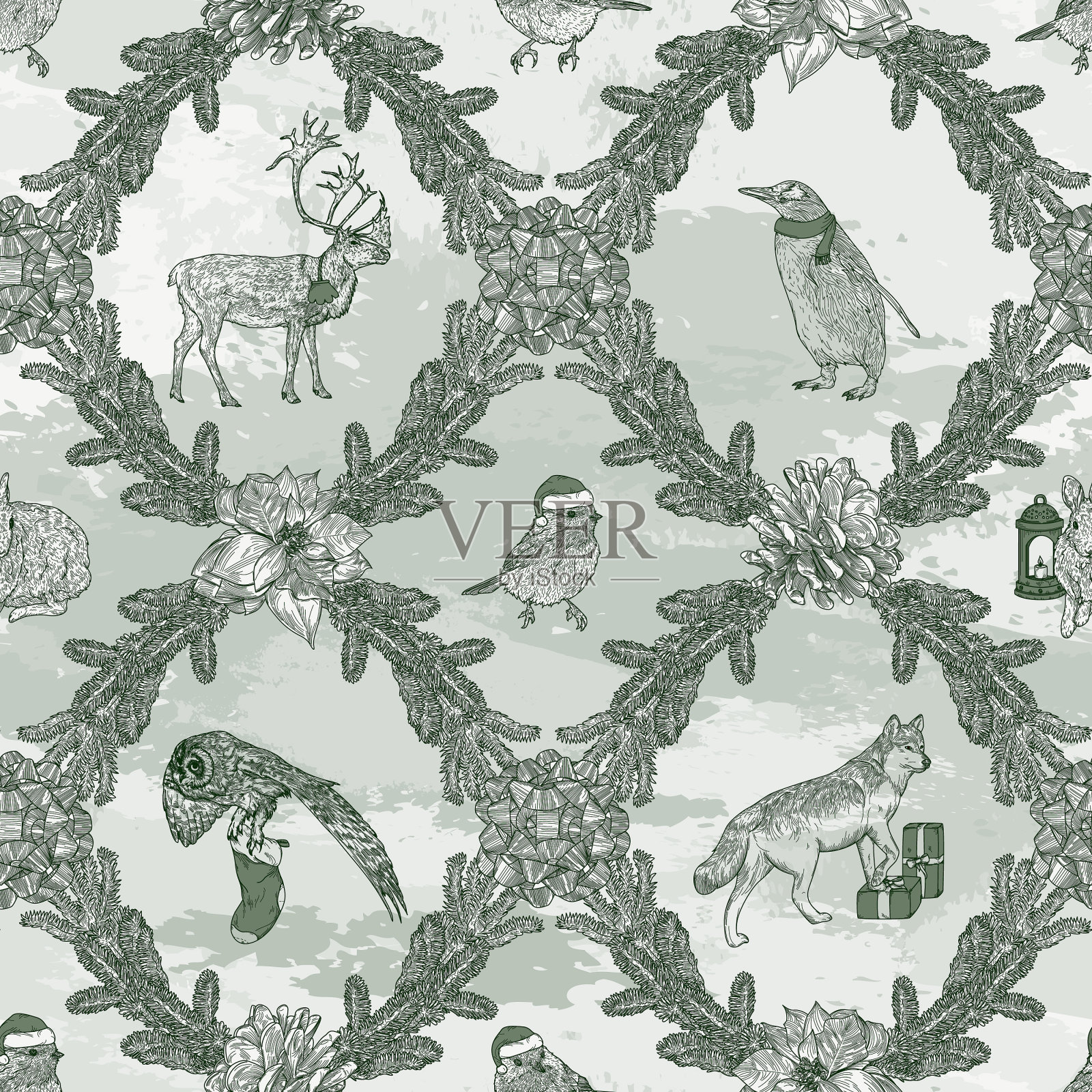 传统圣诞冬季菱形动物无缝图案插画图片素材