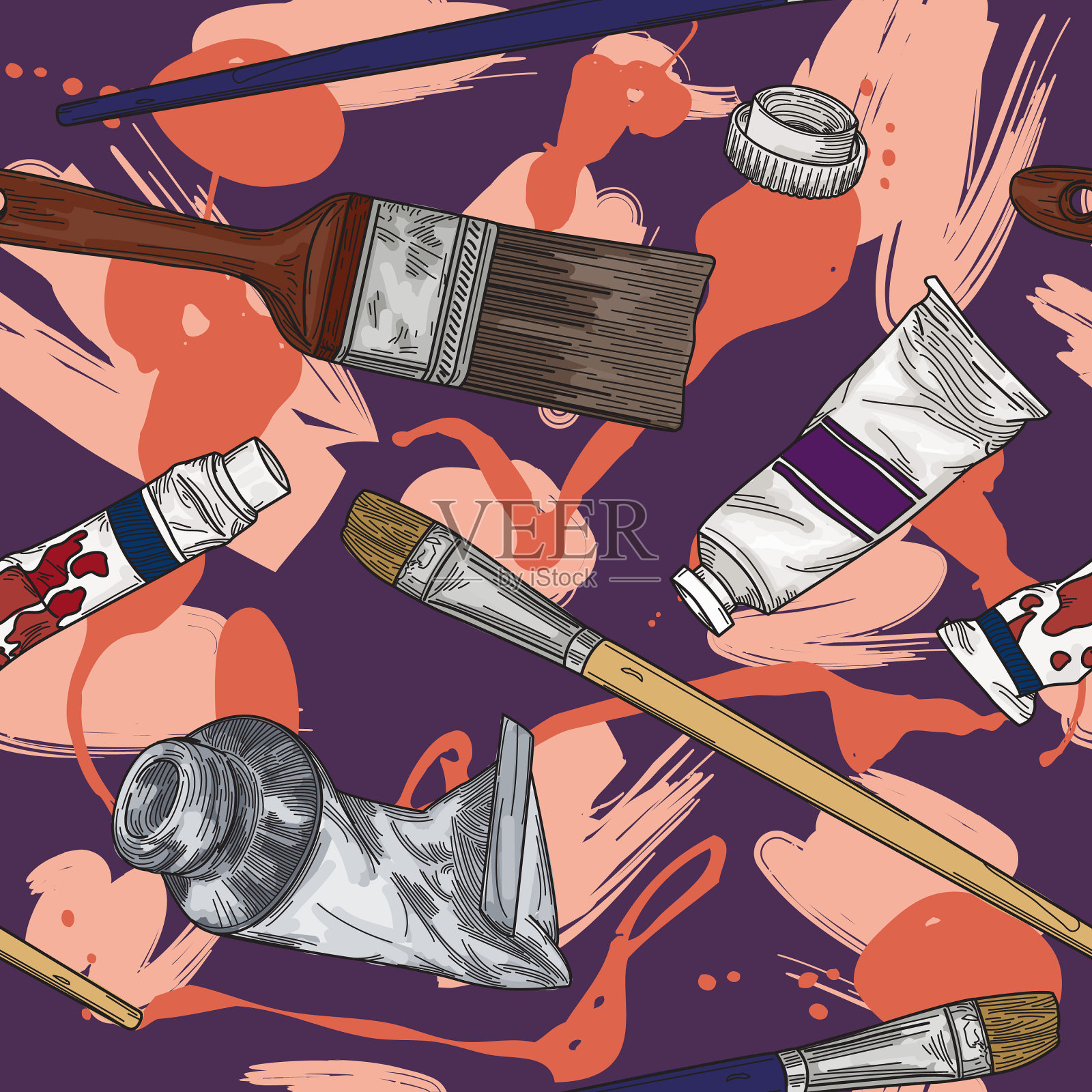 油漆和画笔无缝的艺术模式插画图片素材